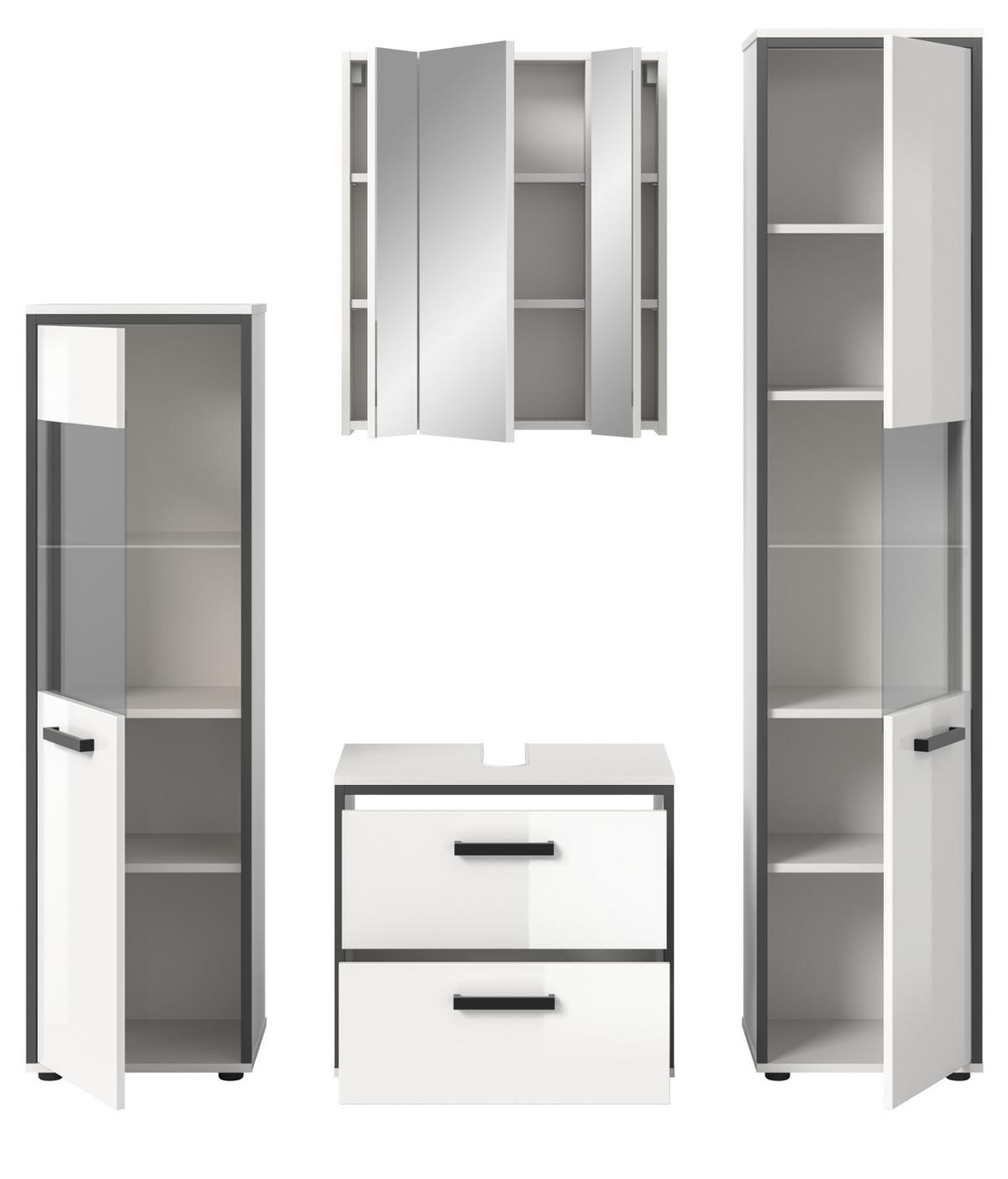 BADMÖBEL-SET weiß Hochglanz, grau 4-teilig 170 x 188 cm, Komplettset mit viel Stauraum - Weiß Hochglanz/Schwarz, Glas/Holzwerkstoff (170/188/37.5cm) - Inn.Furn
