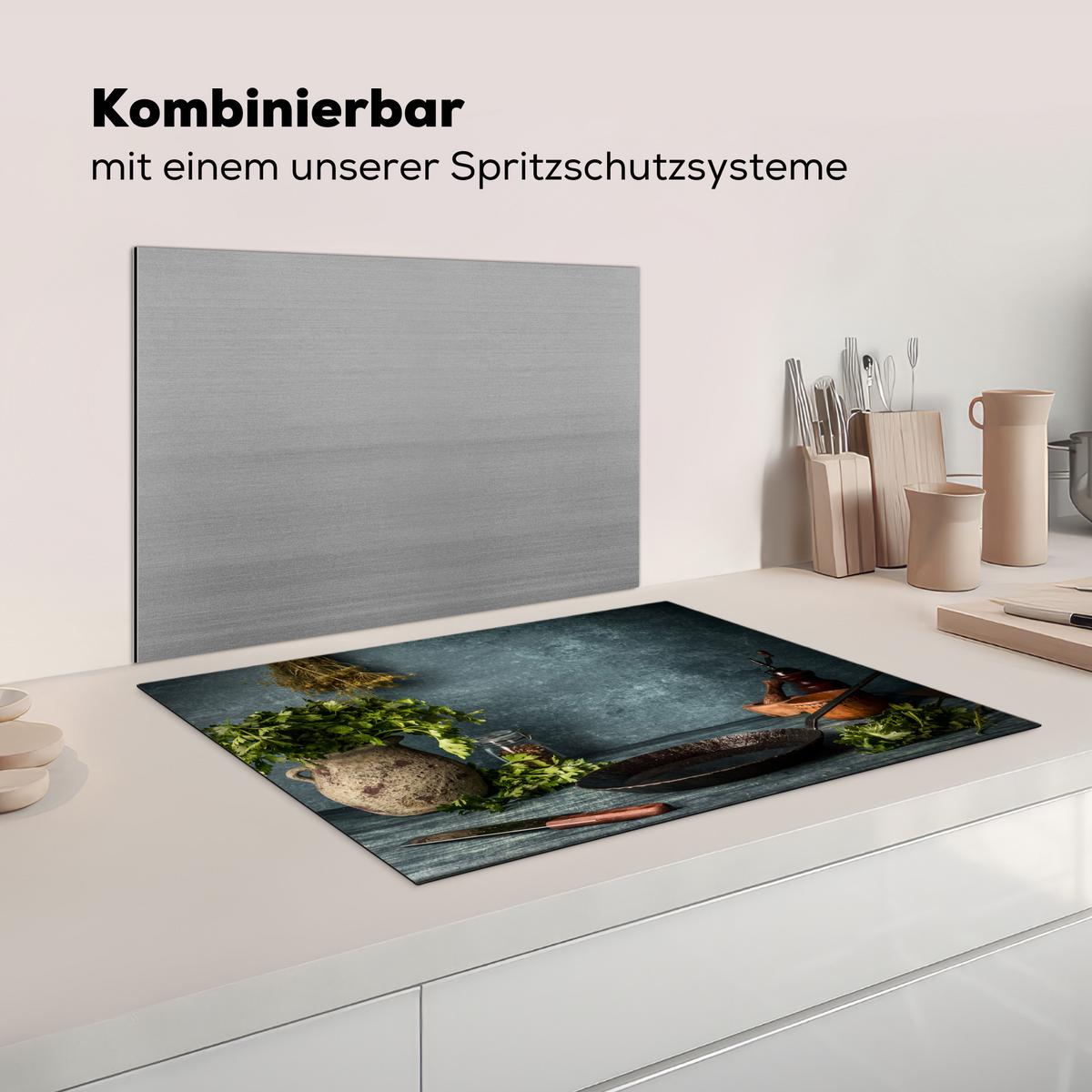 HERDABDECKPLATTE Kräuter - Gewürze - Pfanne - Messer - Grau - Rustikal Herdabdeckung Induktionsfeld 75x52 cm - Petrol, Kunststoff (75/52/0.2cm) - MuchoWow