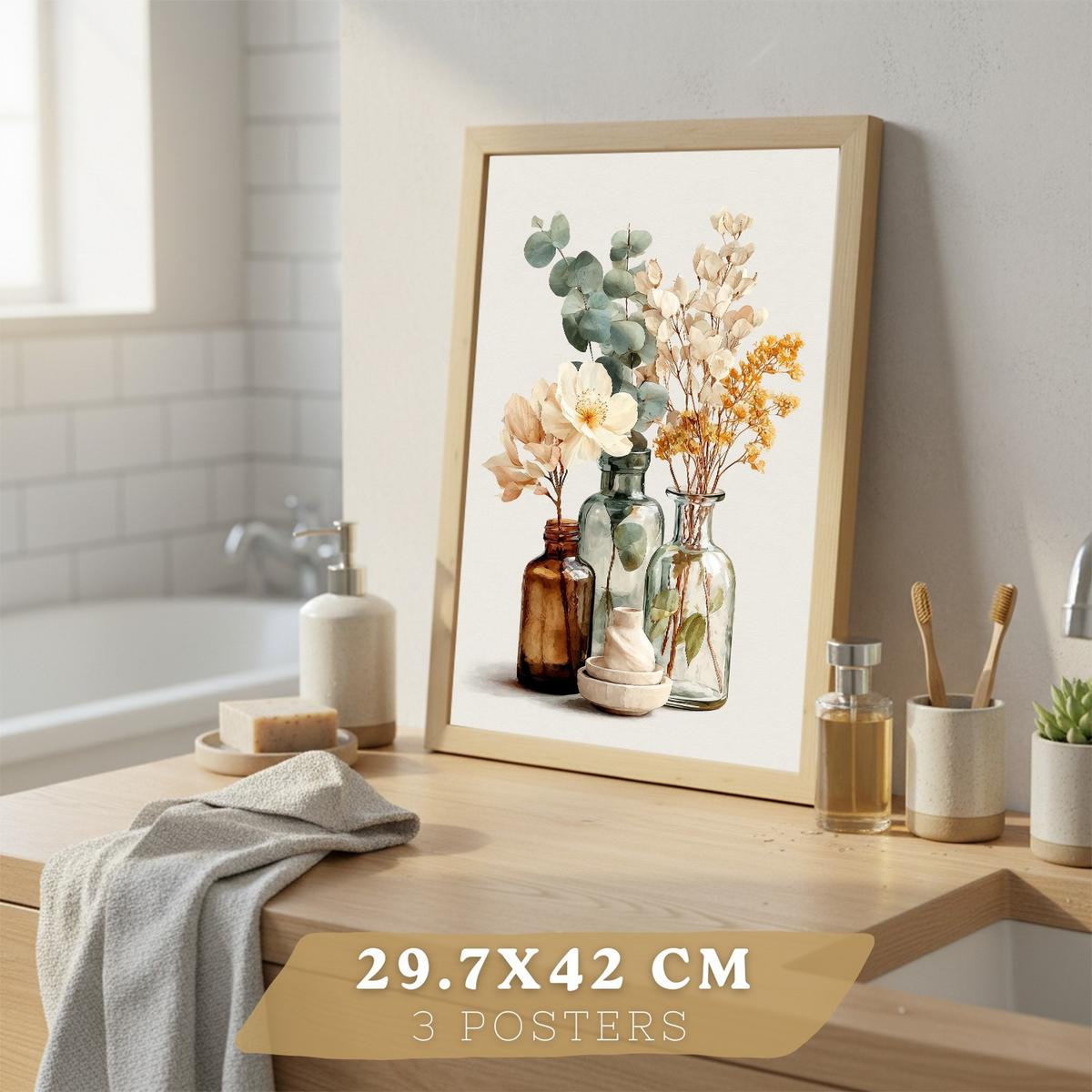 POSTER 3er-Set dekorative Badezimmer-Wandbilder und für Waschbecken, Dusche, WC mit Kerzen, Seifen und Blumen, farbenfroher Leichter Holzrahmen A3 - Beige, Papier (42/29.7/3cm) - Nacnic