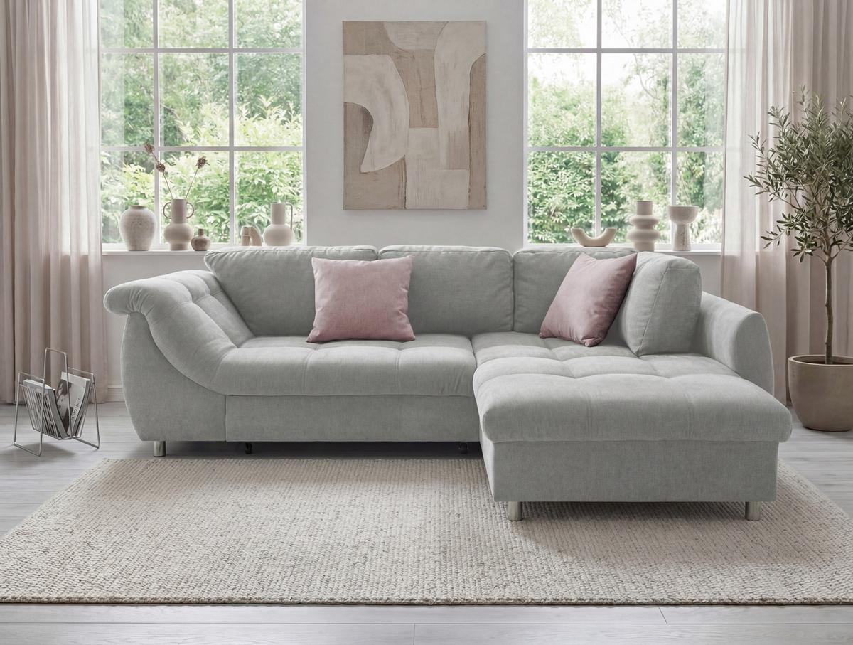 ECKSOFA mit Schlaffunktion, Wellenunterfederung, Ottomane rechts B250/T190/H84 cm, Liegefl. 179x190 cm, Mikrofaser Grau / 17003 - Chromfarben/Grau, Textil/Metall (250/190cm) - luma-home