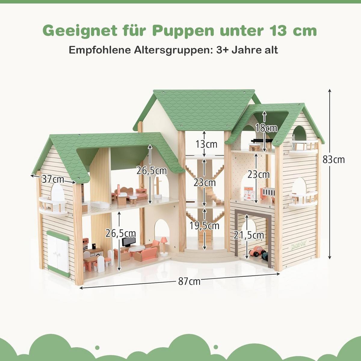 PUPPENHAUS 83cm Grün - Grün, Holz (87/83/37cm) - COSTWAY