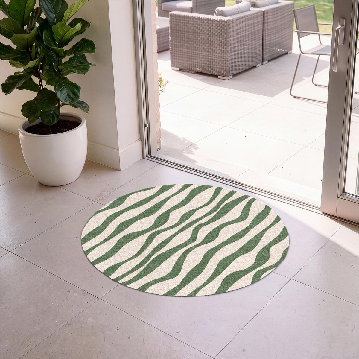 FUSSMATTE Wellenlinien - Beige - Grün - Streifen - Abstrakt Fußabtreter 90x90 cm - Dunkelgrün, Kunststoff (90/0.4cm) - MuchoWow