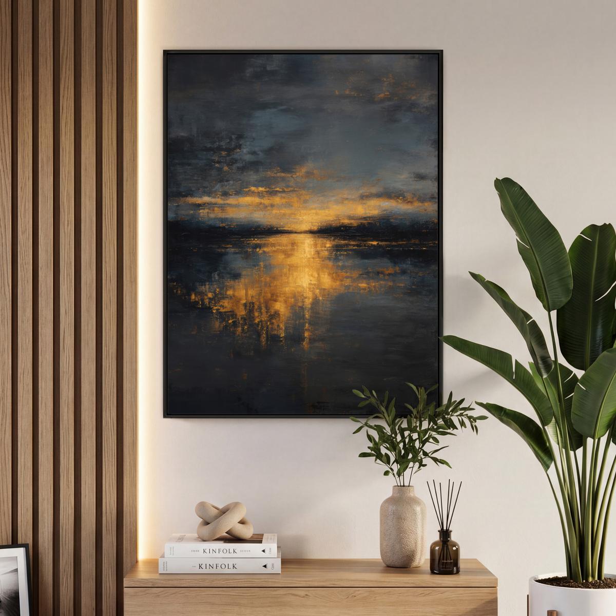 LEINWAND Bilder mit Rahmen - Goldene Reflexion auf dem Wasser - 70x100 - Anthrazit, Textil (70/100cm) - MuchoWow