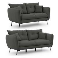 SITZGARNITUR 3+2 Nordloft Dunkelgrau Samt - Dunkelgrau/Schwarz, Holz/Textil (204/86/100cm) - S-Style Möbel