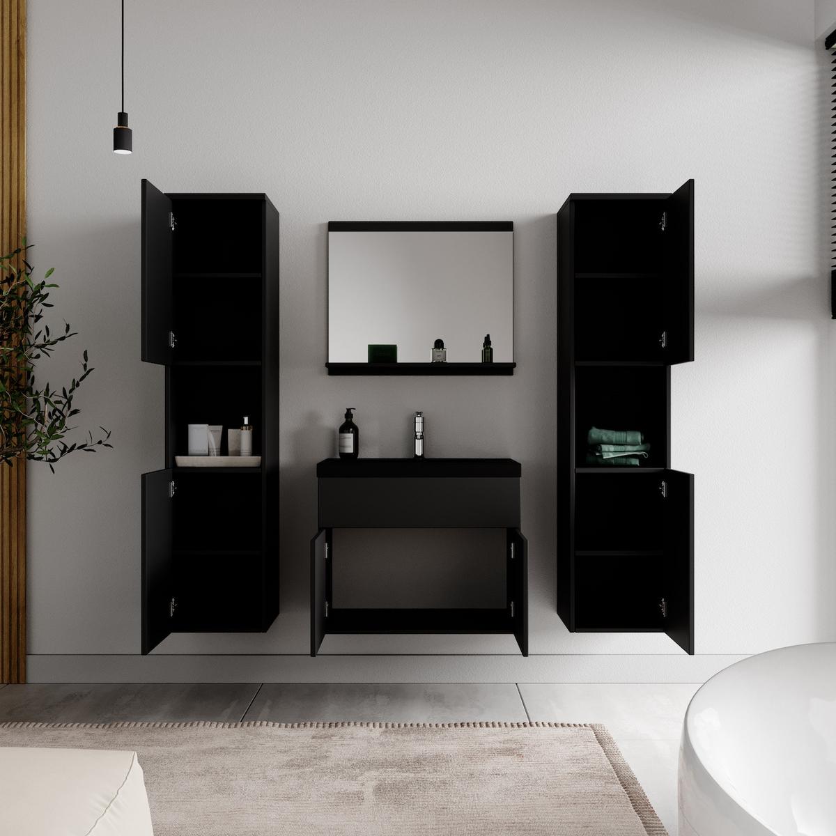 BADMÖBEL-SET Montreal 5 Teile Schwarz Matt - Schwarzes Waschbecken - 60 x 35 x 51 cm - Chromfarben/Schwarz, Holz/Metall (60/51/35cm) - Badplaats