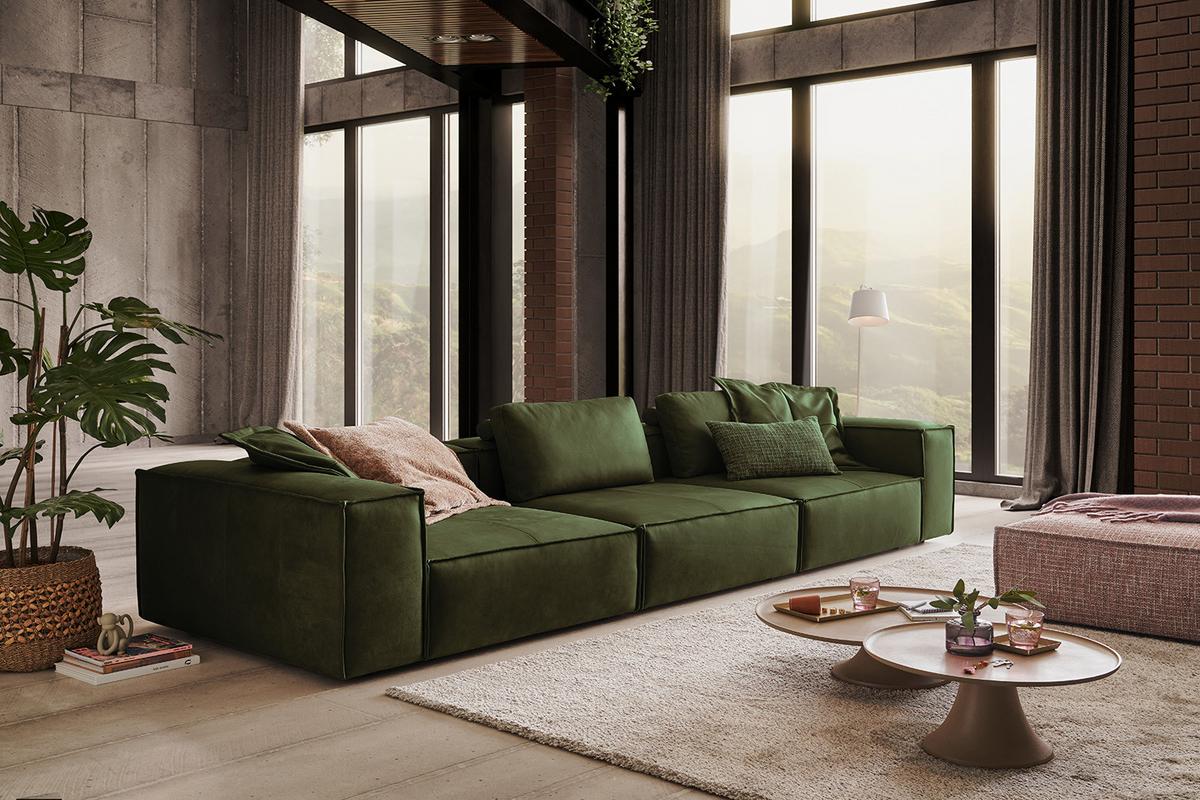 SOFA CARMO Grün Leder - Schwarz/Olivgrün, Leder/Kunststoff (366/68/118cm) - KAWOLA