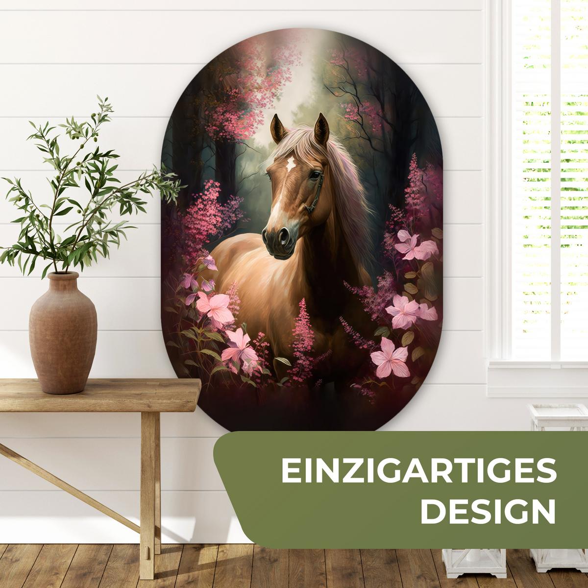 WANDBILD Pferd - Blumen - Rosa - Natur - Wald Deko Groß 80x120 cm - Altrosa, Kunststoff (80/120cm) - MuchoWow