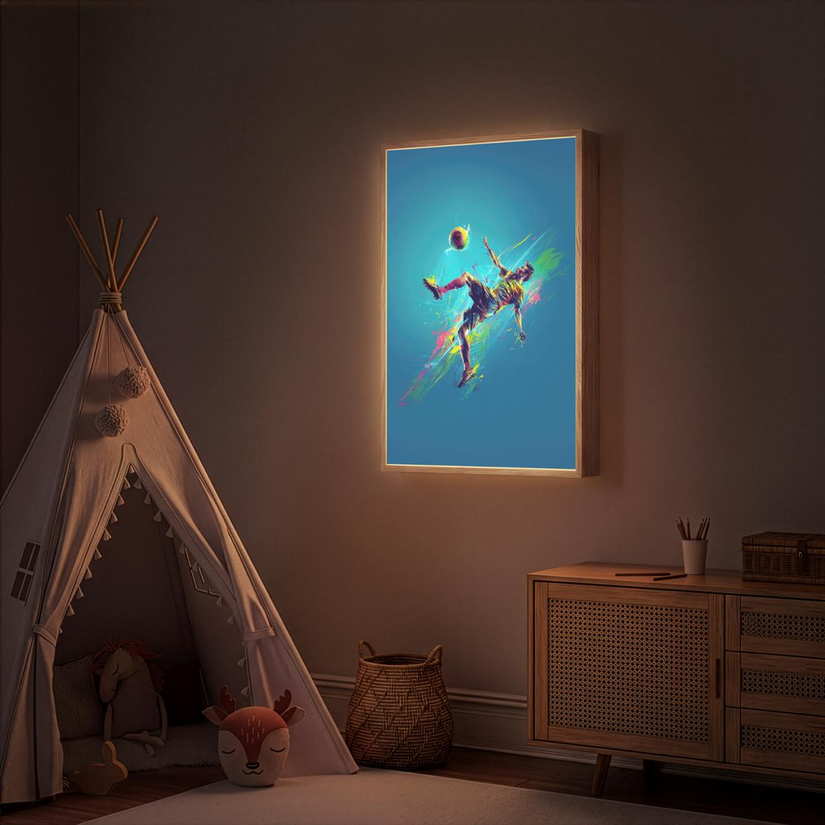 WANDLEUCHTE MIT AKKU Fußballer - Farbspritzer - Farbenfroh - Ball 60x90 cm - Blau, Holzwerkstoff (60/90/8cm) - OnlyWow