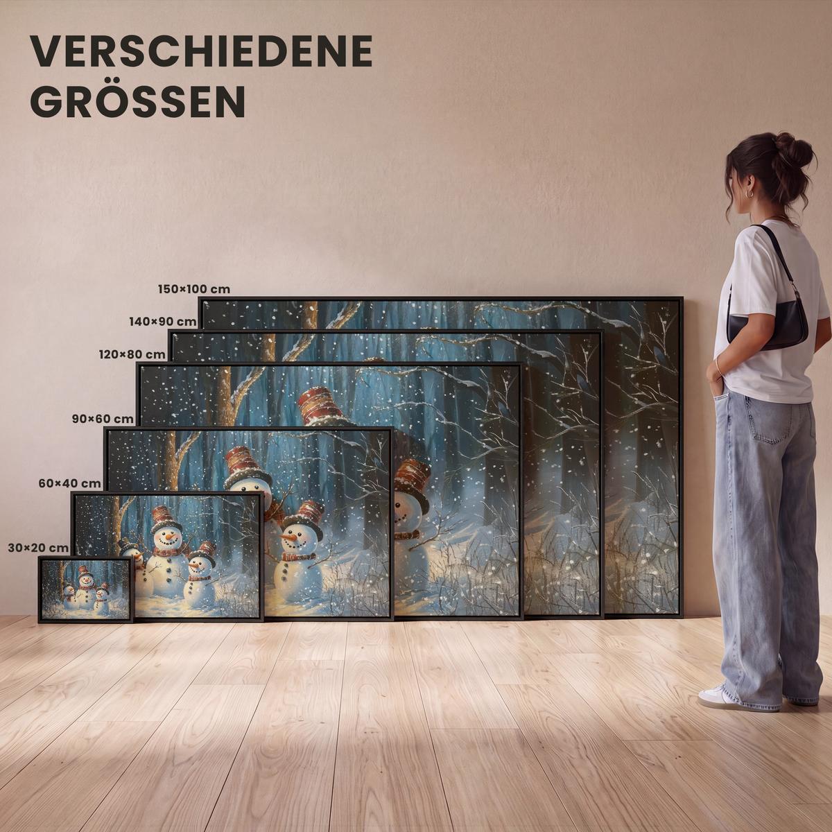 LEINWAND Bilder mit Rahmen - Schneemann - Schnee - Winter - Wald - 150x100 - Hellblau, Textil (150/100cm) - MuchoWow