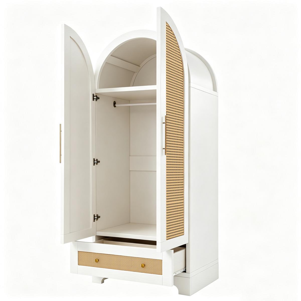KLEIDERSCHRANK Doppeltüren Kunstrattan Weiß mit Schubladen - Weiß, Holzwerkstoff (70/170/55cm) - Urban Meuble