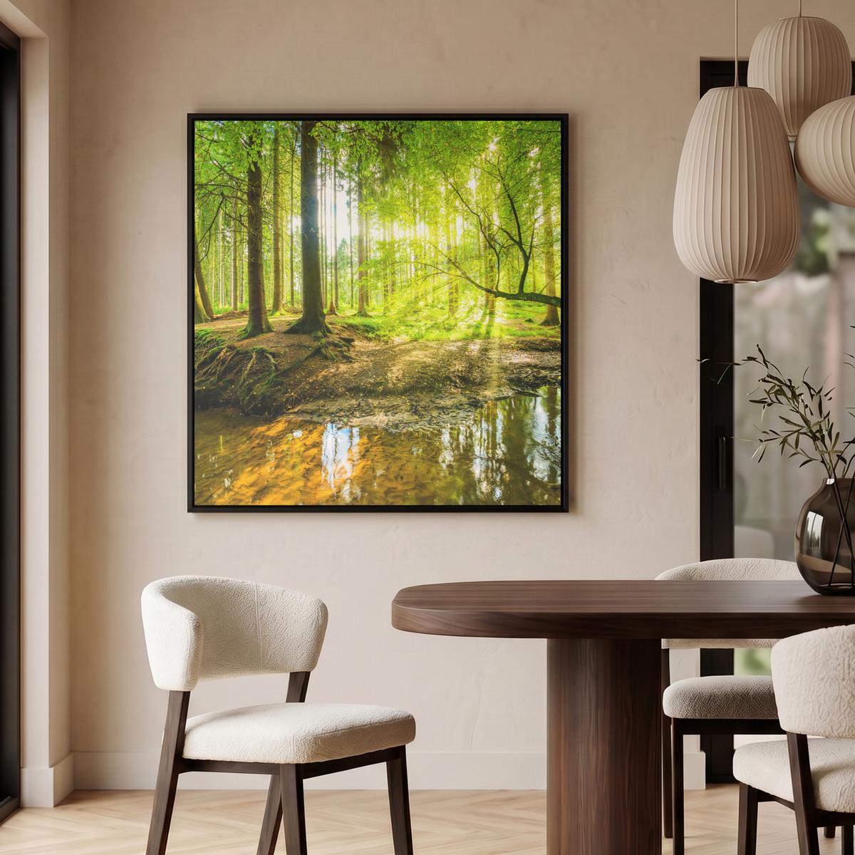 LEINWAND Bilder mit Rahmen - Wald - Landschaft - Wasser - Bäume - Sonne - Grün - Natur - 90x90 - Grün, Textil (90/90cm) - MuchoWow