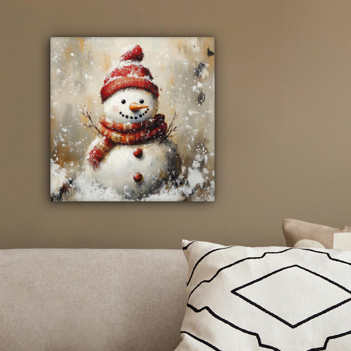 LEINWANDBILD Schneemann - Winter - Schnee - Beige Deko Wohnzimmer 20x20 cm - Weiß, Textil (20/20cm) - MuchoWow
