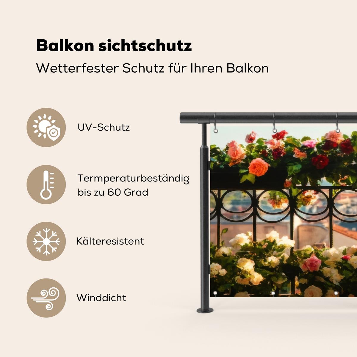 BALKON-SICHTSCHUTZ Blumen - Zaun - Stadtbild - Sommer Balkon Deko 300x120 cm - Pink, Kunststoff (300/120cm) - MuchoWow