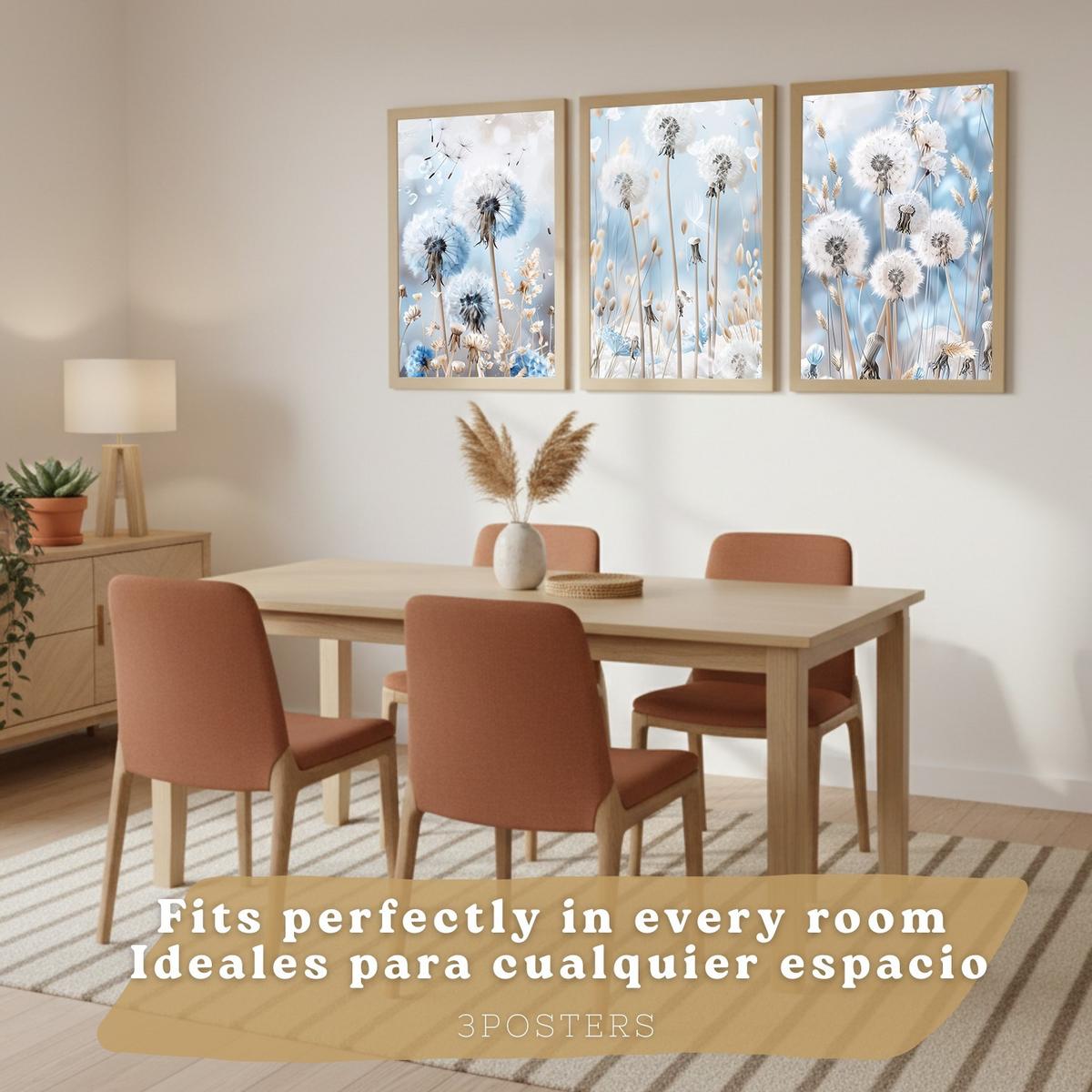 POSTER 3er Kunstdruck-Set Wandbilder Floral Blau modern Wohnzimmer Deko, Schlafzimmer, Küche, Badezimmer Rahmenlos A4 - Klar, Papier (29.7/1/21cm) - Nacnic