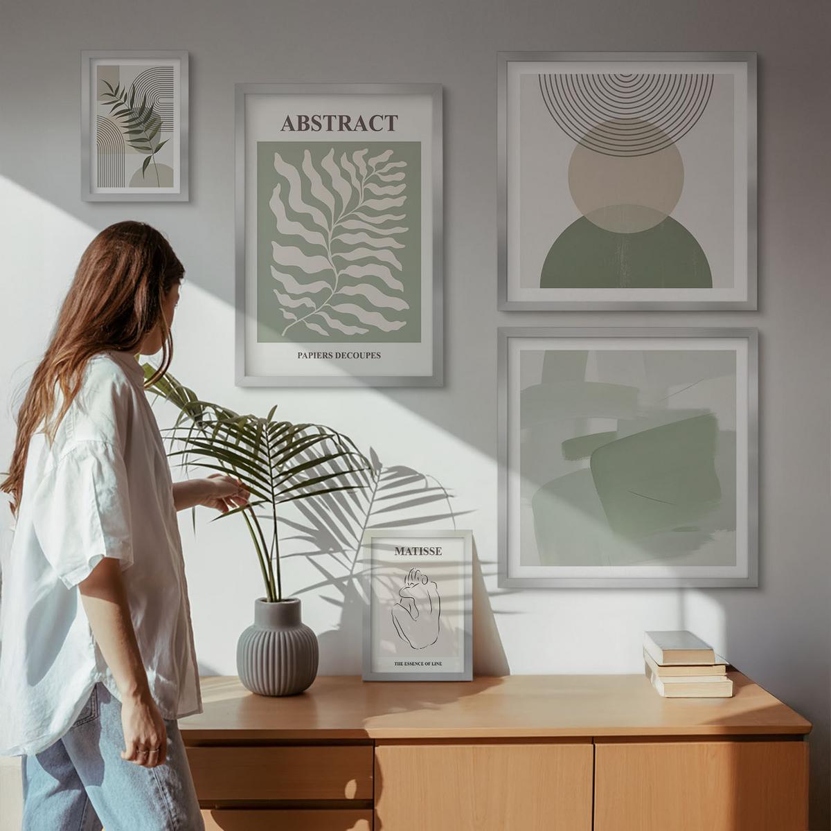 BILDER SET 5er Set - 50x50 cm & 20x30 cm & 40x60 cm Silberner Rahmen - Botanische Boho-Abstraktionen - Silberfarben, Kunststoff (40/60cm) - TULUP