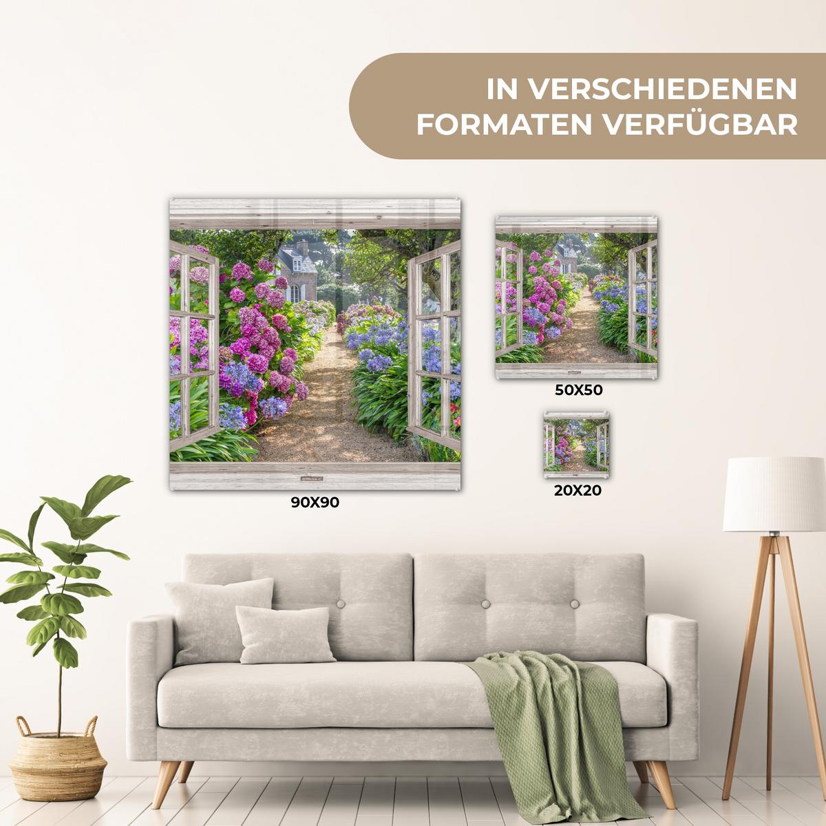 ACRYLGLASBILD Hortensie - Durchsichtig - Blumen - Sommer - Lila - Weg 50x50 cm - Lila, Glas (50/50cm) - MuchoWow