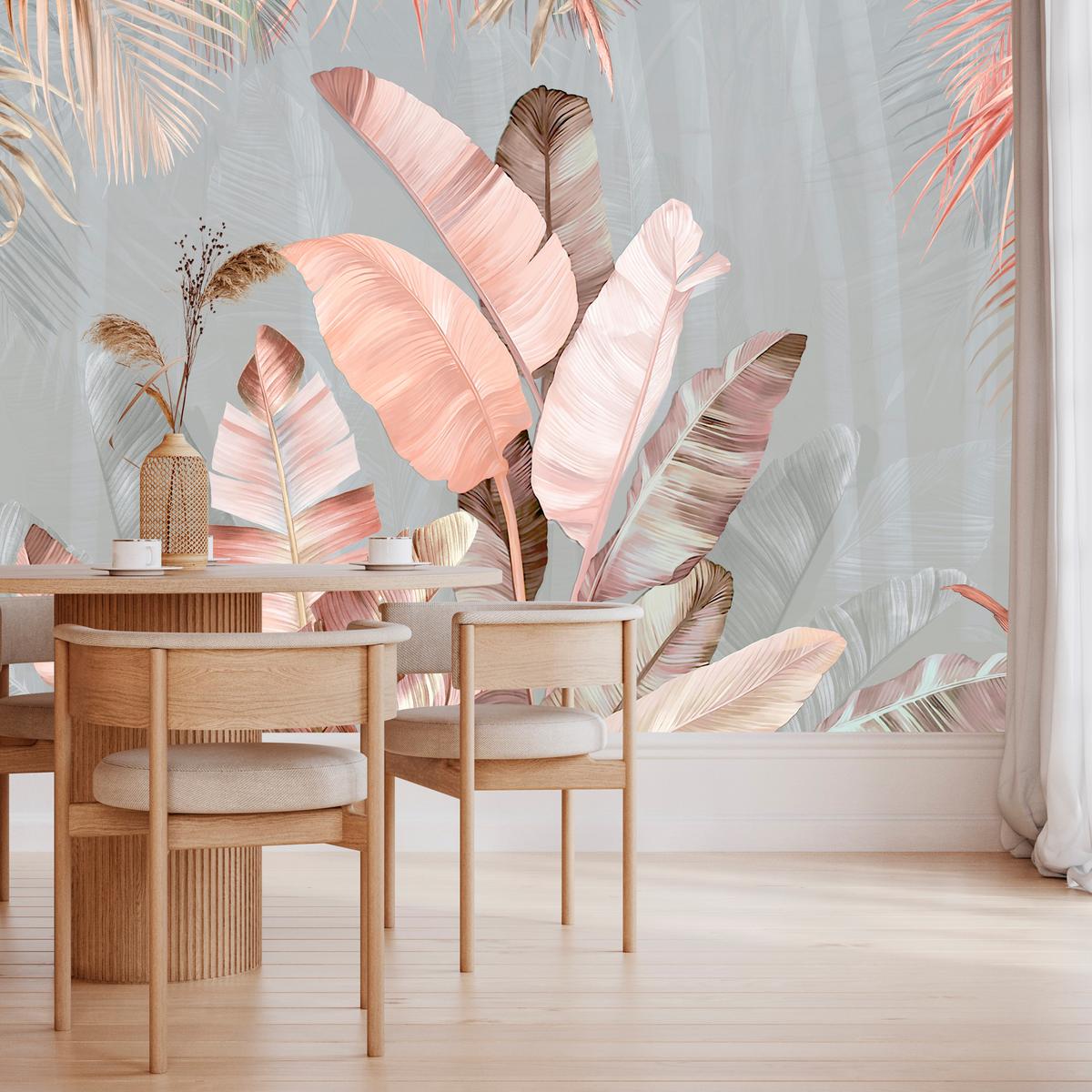 FOTOTAPETE für Esszimmer Tropische Pastell Bananenblätter 350x256 - Beige/Rosa, Papier (350/256cm) - Muralo