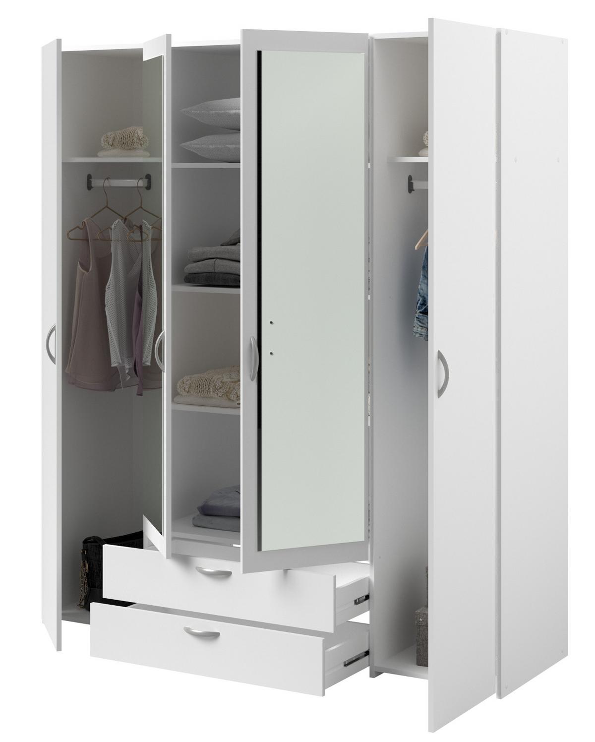 KLEIDERSCHRANK mit Spiegel weiß 160 cm Drehtürenschrank 4-türig - Silberfarben/Weiß, Holzwerkstoff/Kunststoff (160/185/185cm) - Furn.Design