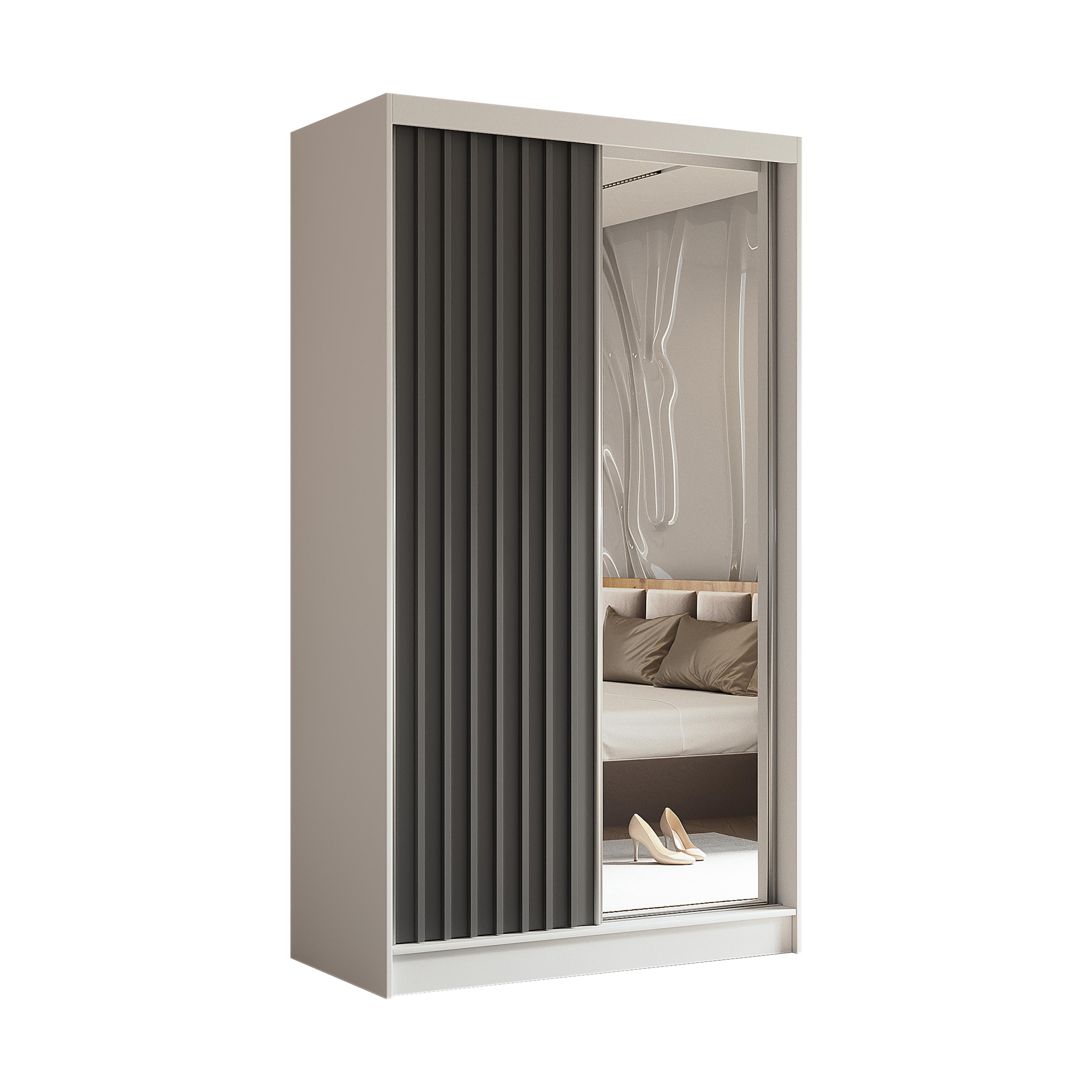 SCHWEBETÜRENSCHRANK LAMELLO 120/216/61 cm 2-türig mit Spiegel Weiß - Weiß/Grau, Holzwerkstoff (120/216/61cm) - MASSENO