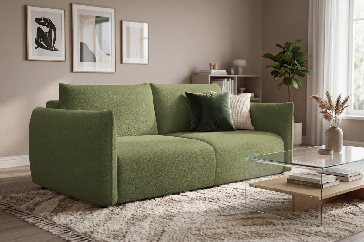 SOFA TAUER 3-Sitzer, Bouclé-Stoff grün - Schwarz/Grün, Holz/Textil (206/84/112cm) - Courtois Laville