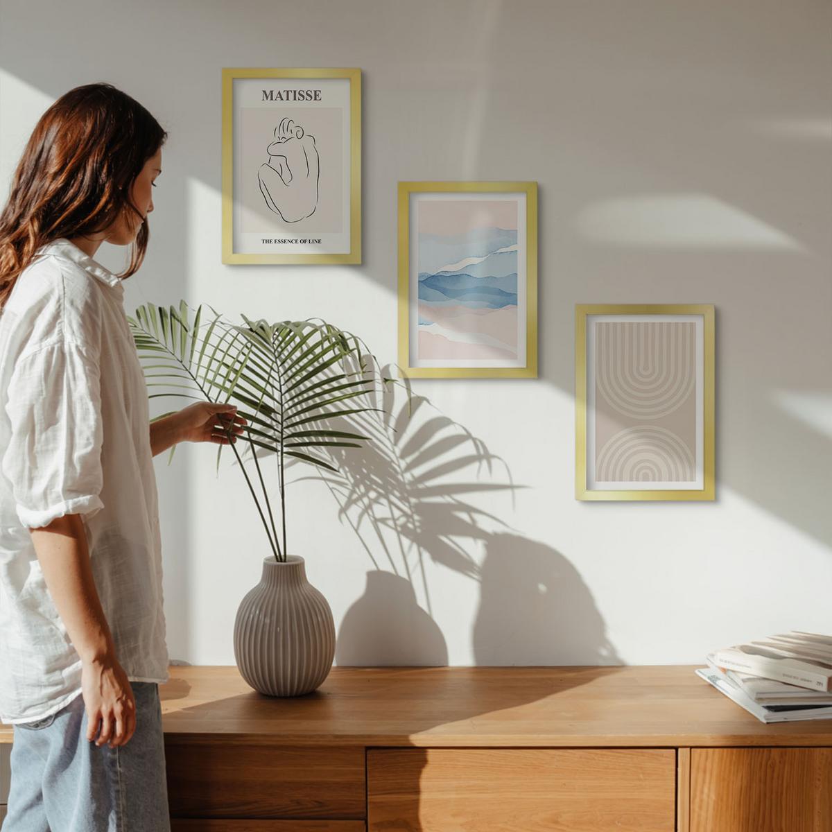 BILDER SET 3er Set - 20x30 cm Goldrahmen - Linien, Wellen, pastellfarbener Minimalismus - Goldfarben, Kunststoff (20/30cm) - TULUP