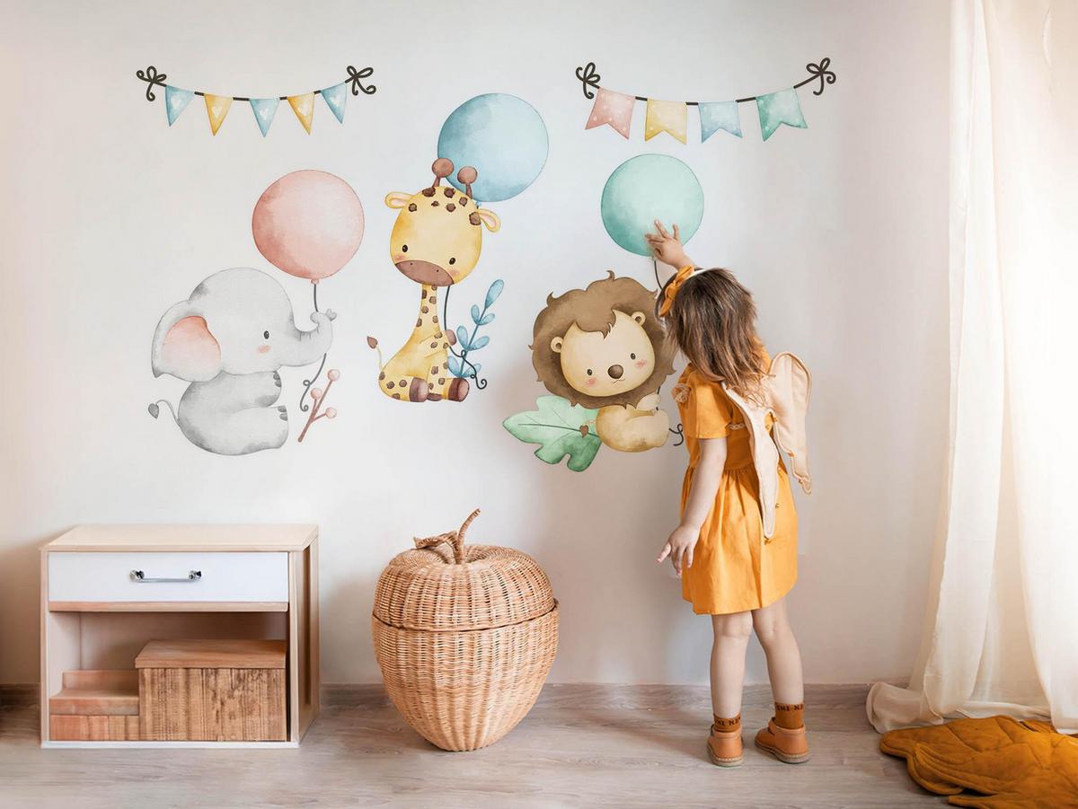 WANDAUFKLEBER 100x153cm - Tiere mit Luftballons - Multicolor, Kunststoff (100/153/0.1cm) - Wallfluent