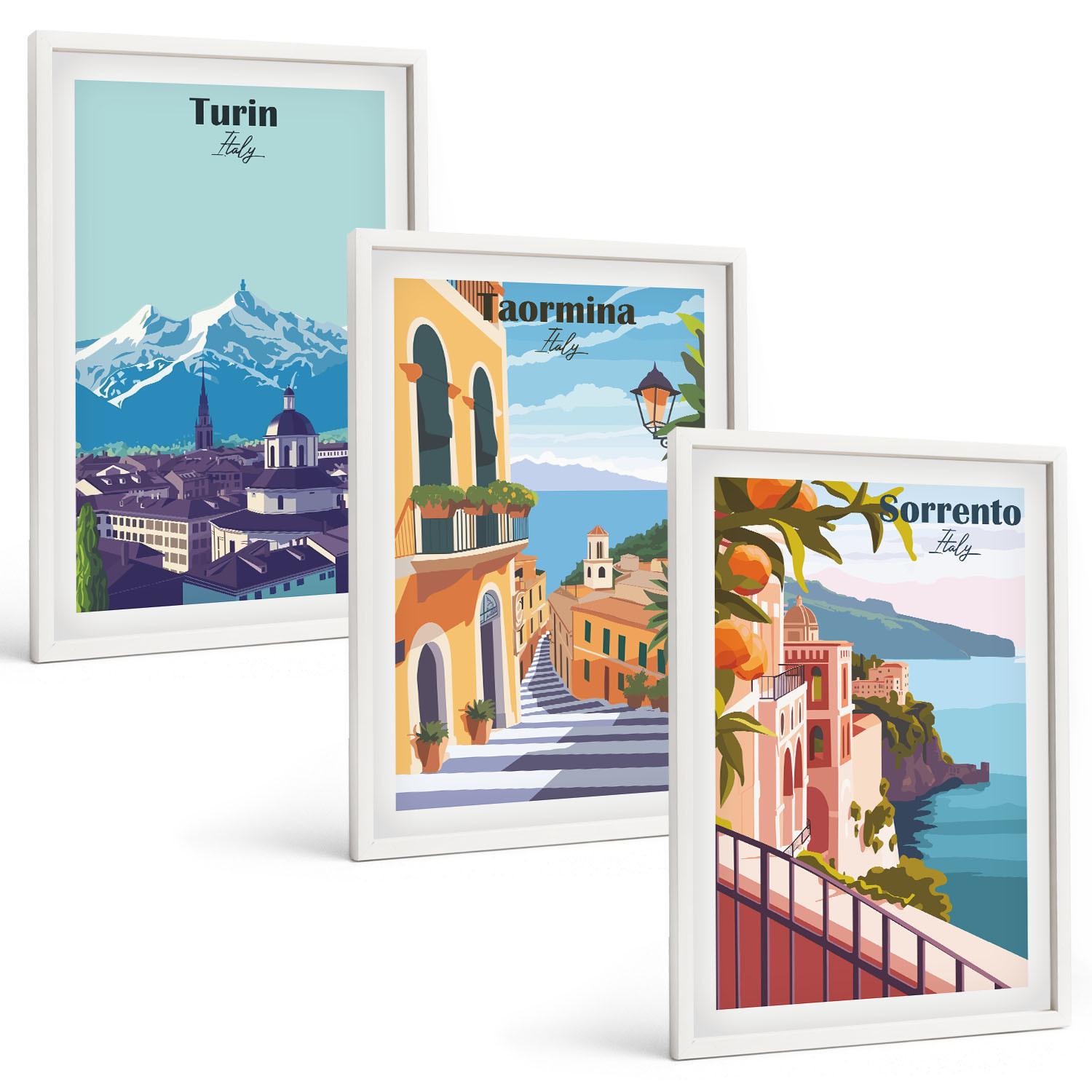 BILDER SET 3er Set - 40x60 cm Weißer Rahmen - Farbenfrohe Retro-Stadtansichten - Weiß, Kunststoff (40/60cm) - TULUP