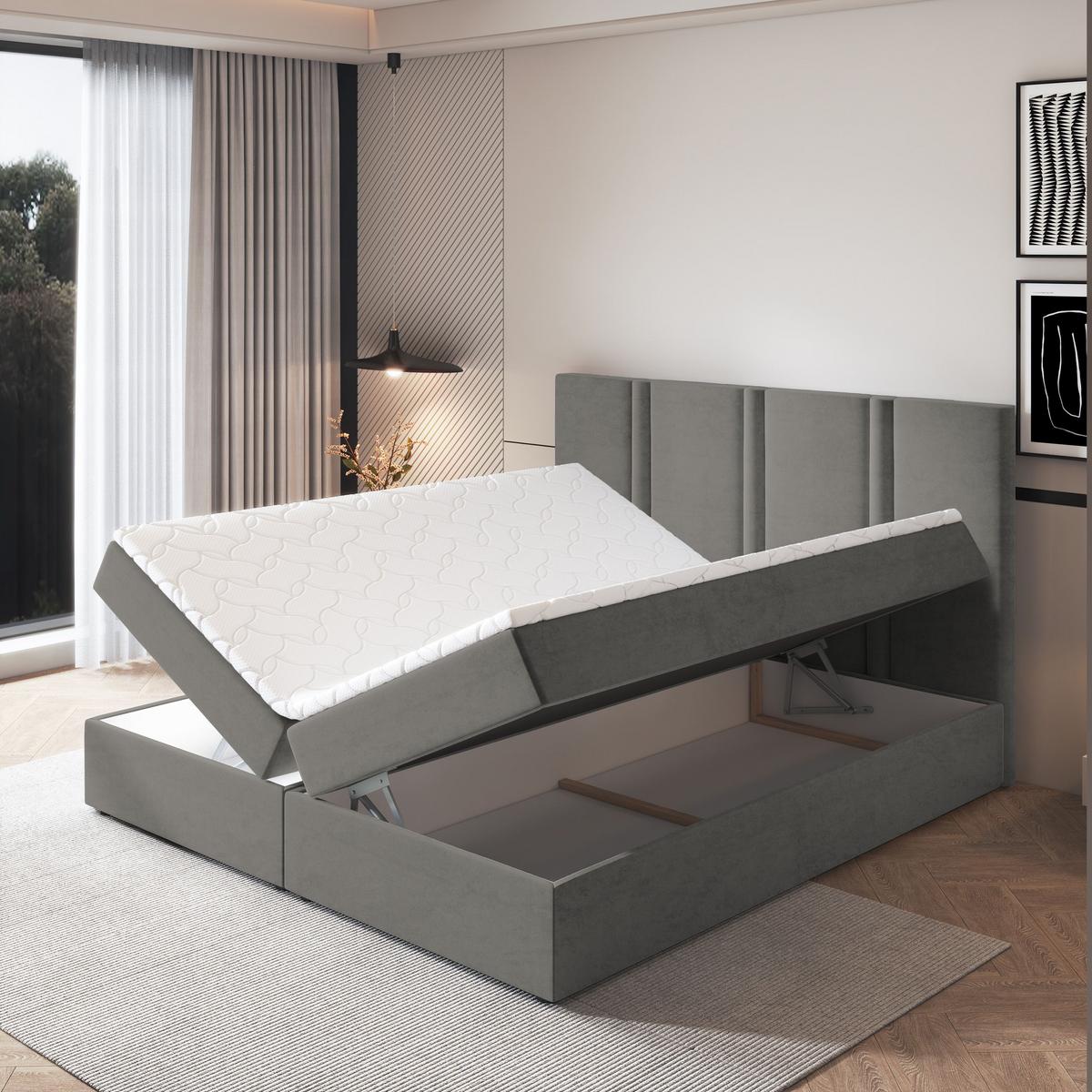 BOXBETT LARIO 160x200 cm mit Matratze und Topper - Grau - Grau, Holz (160/200cm) - MASSENO
