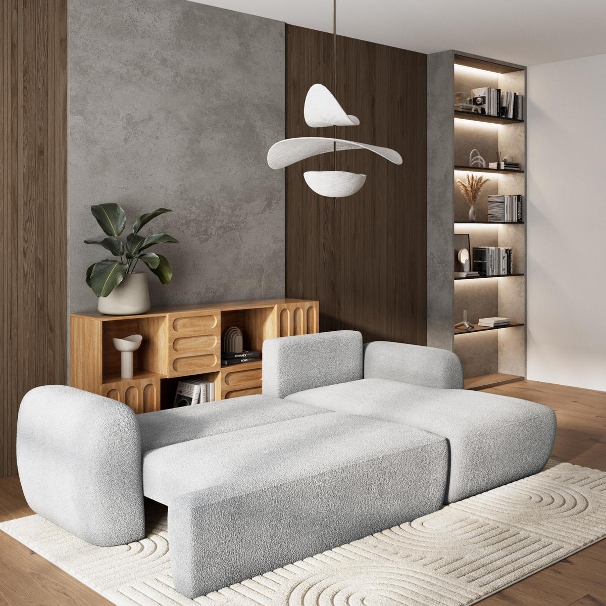 ECKSOFA MODENZA N R-S Hellgrau Boucle-Stoff mit Schlaffunktion - Hellgrau/Schwarz, Holz/Kunststoff (266/148cm) - MASSENO