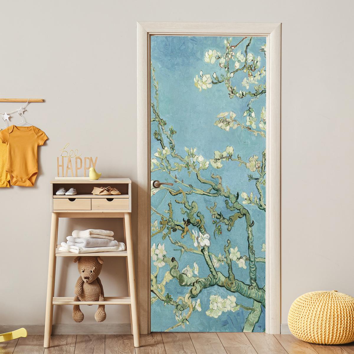 TÜRAUFKLEBER Mandelblüte - Van Gogh - Kunst 85x215 cm - Türtapete - Pastellblau, Kunststoff (85/0.1cm) - MuchoWow