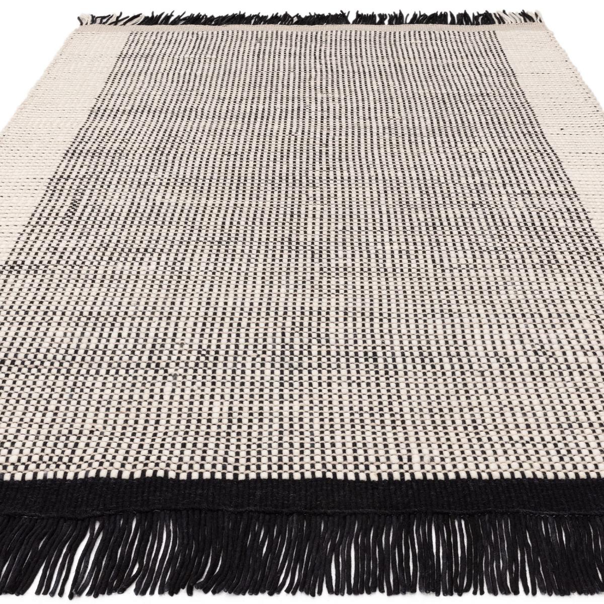 WOLLTEPPICH handgewebt mit Fransen PISA, geometrisch, Schwarz-Weiß, 160 x 230 cm - Grau, Textil (230/160cm) - KADIMA DESIGN
