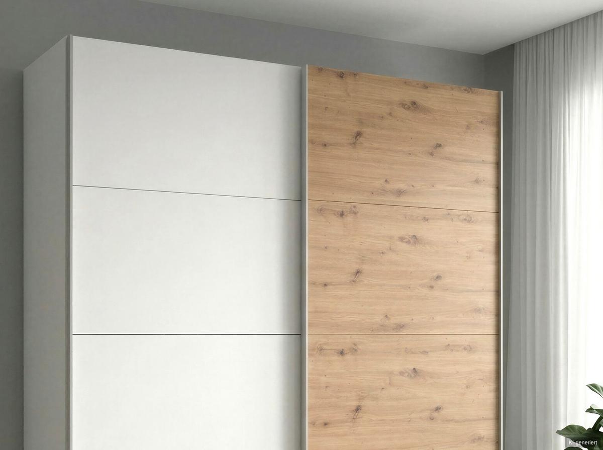 SCHWEBETÜRENSCHRANK 2-türig B179/H198/T65 cm, Kleiderschrank in Weiß, 1x Tür & sichtbare Schubkästen in Eiche Artisan Dekor / 22690 - Eichefarben/Alufarben, Holz/Holzwerkstoff (179/198/65cm) - luma-home