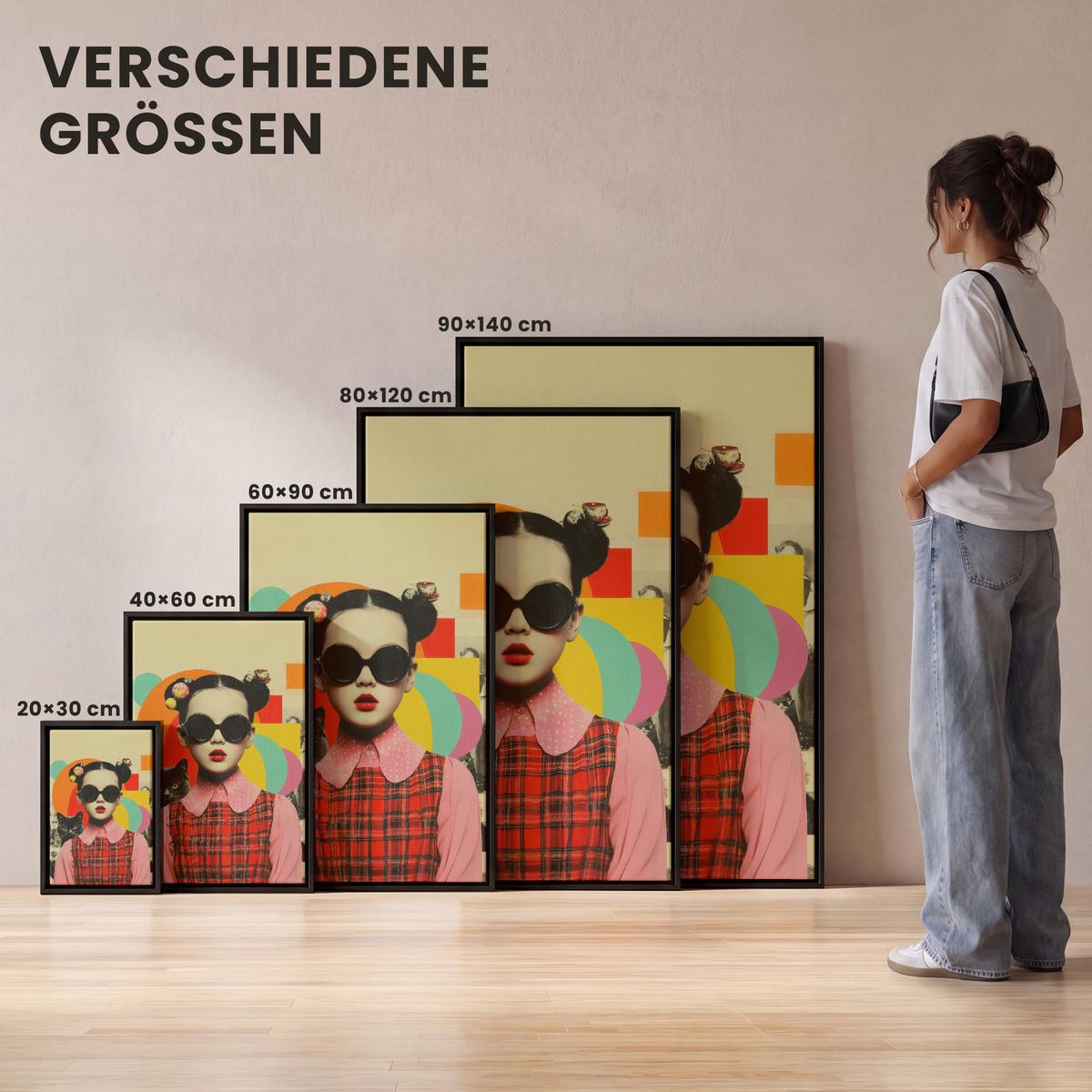 LEINWAND Bilder mit Rahmen - Mädchen - Sonnenbrille - Katze - Retro - 40x60 - Beige, Textil (40/60cm) - MuchoWow