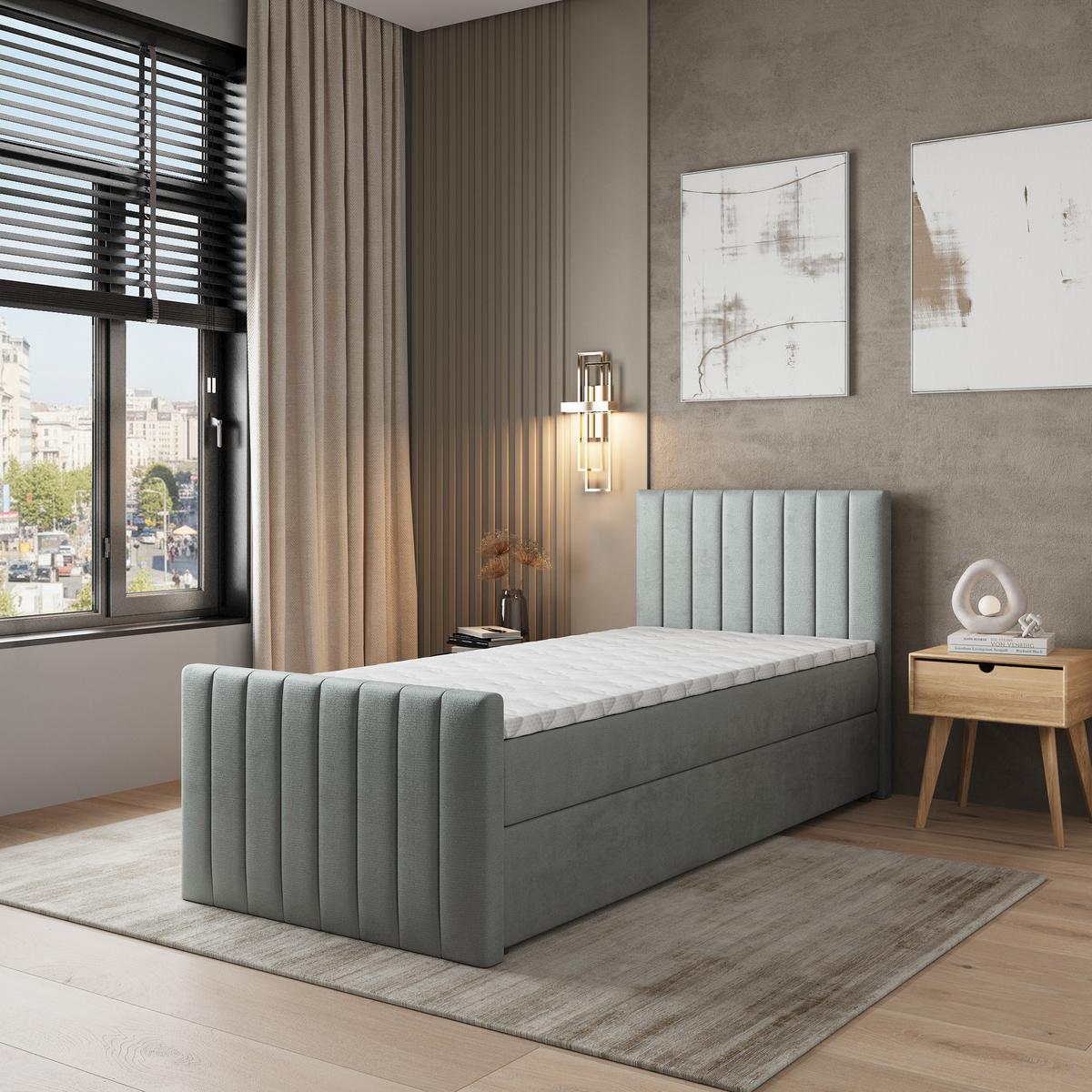 BOXBETT ARION 80 80x200 cm mit Matratze und Topper, H2+H3 - Hellgrau - Hellgrau, Holz (80/200cm) - MASSENO