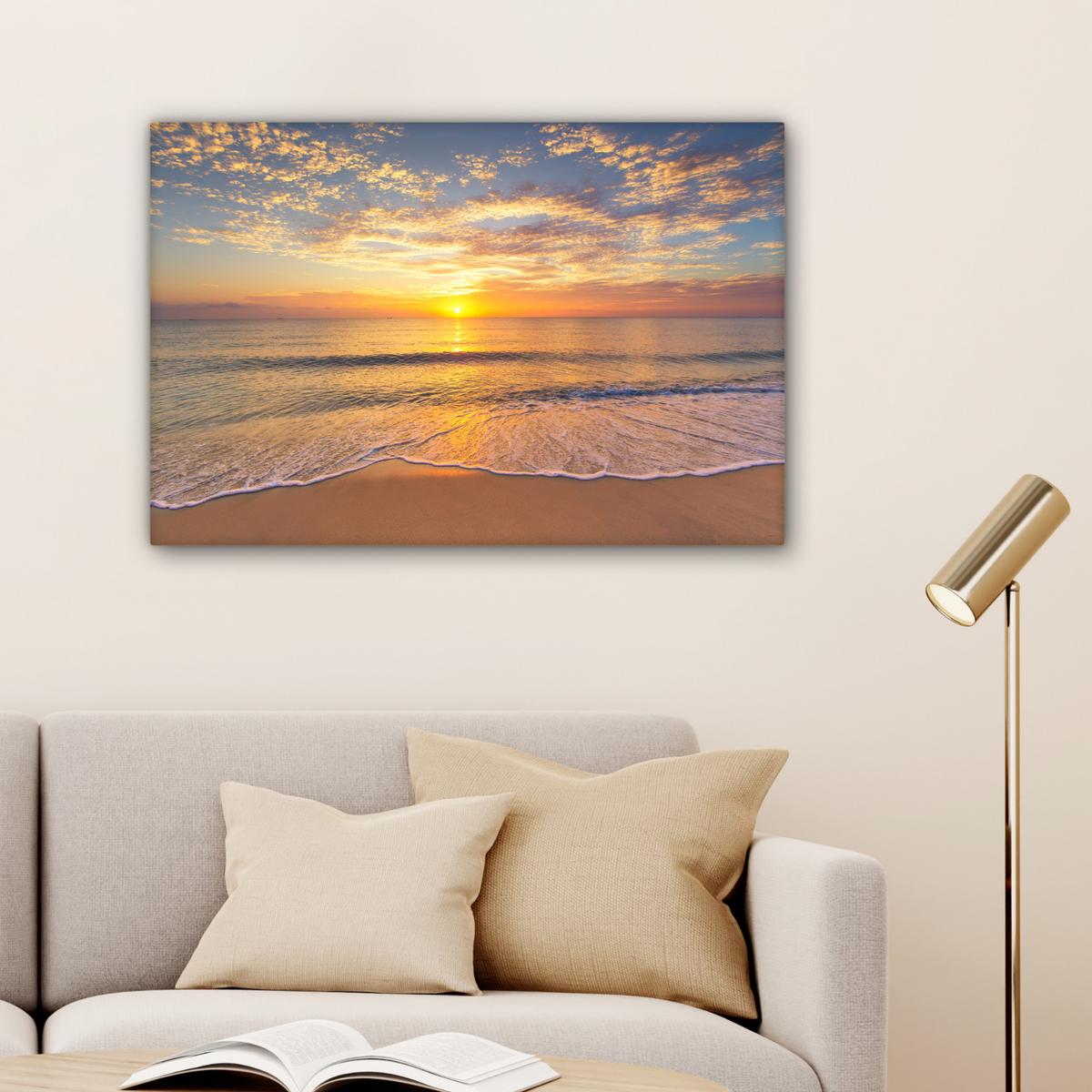 LEINWANDBILD Strand - Sonnenuntergang - Meer Gemälde 60x40 cm - Gelb, Textil (60/40cm) - MuchoWow