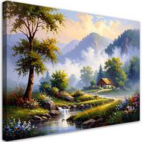 WANDBILD, Häuschen in den Bergen Landschaft Fluss - Grün, Textil (100/70cm) - Feeby