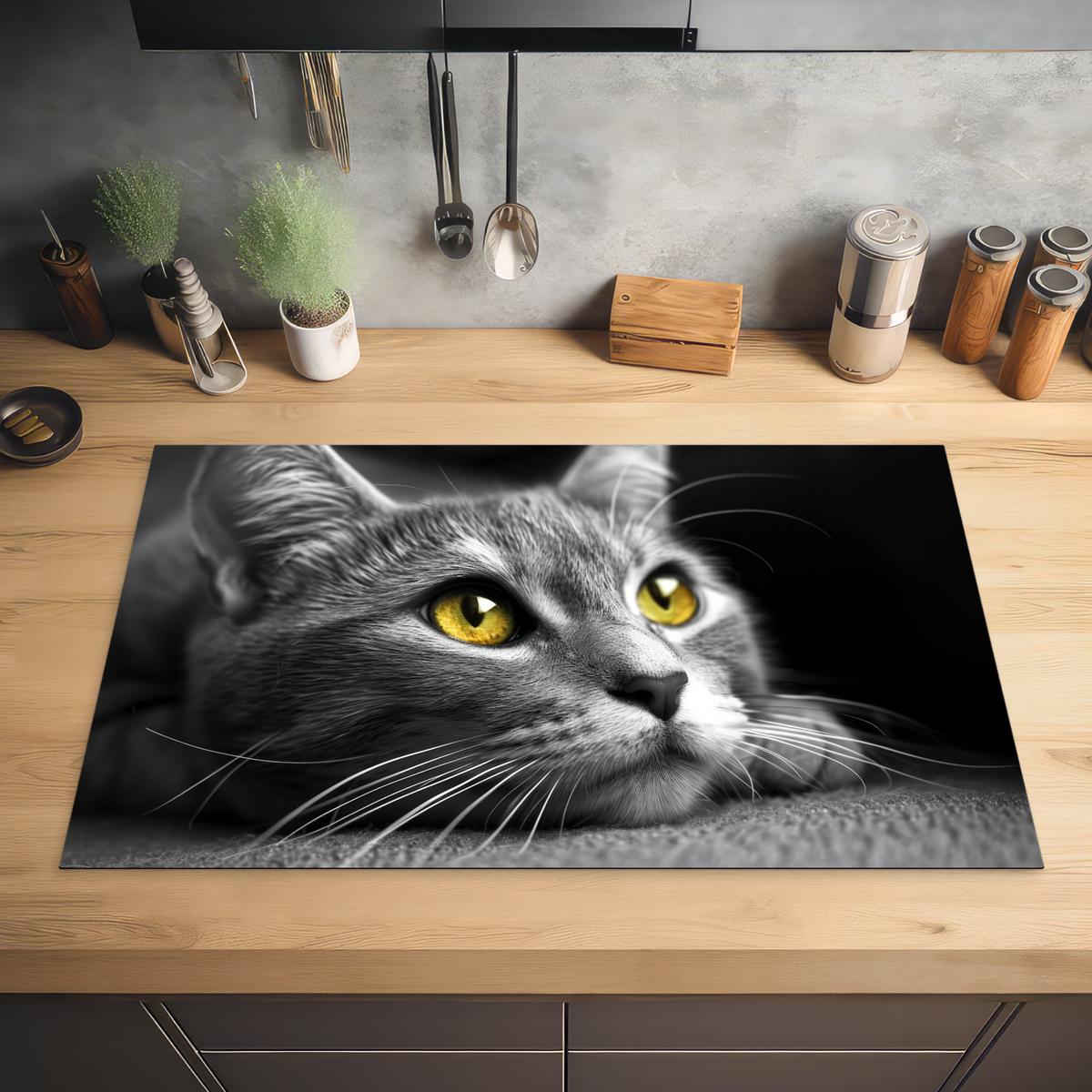 HERDABDECKPLATTE Katze - Grau - Tiere - Katze Induktionsmatte 83x51 cm - Grau, Kunststoff (83/51.5/0.2cm) - MuchoWow