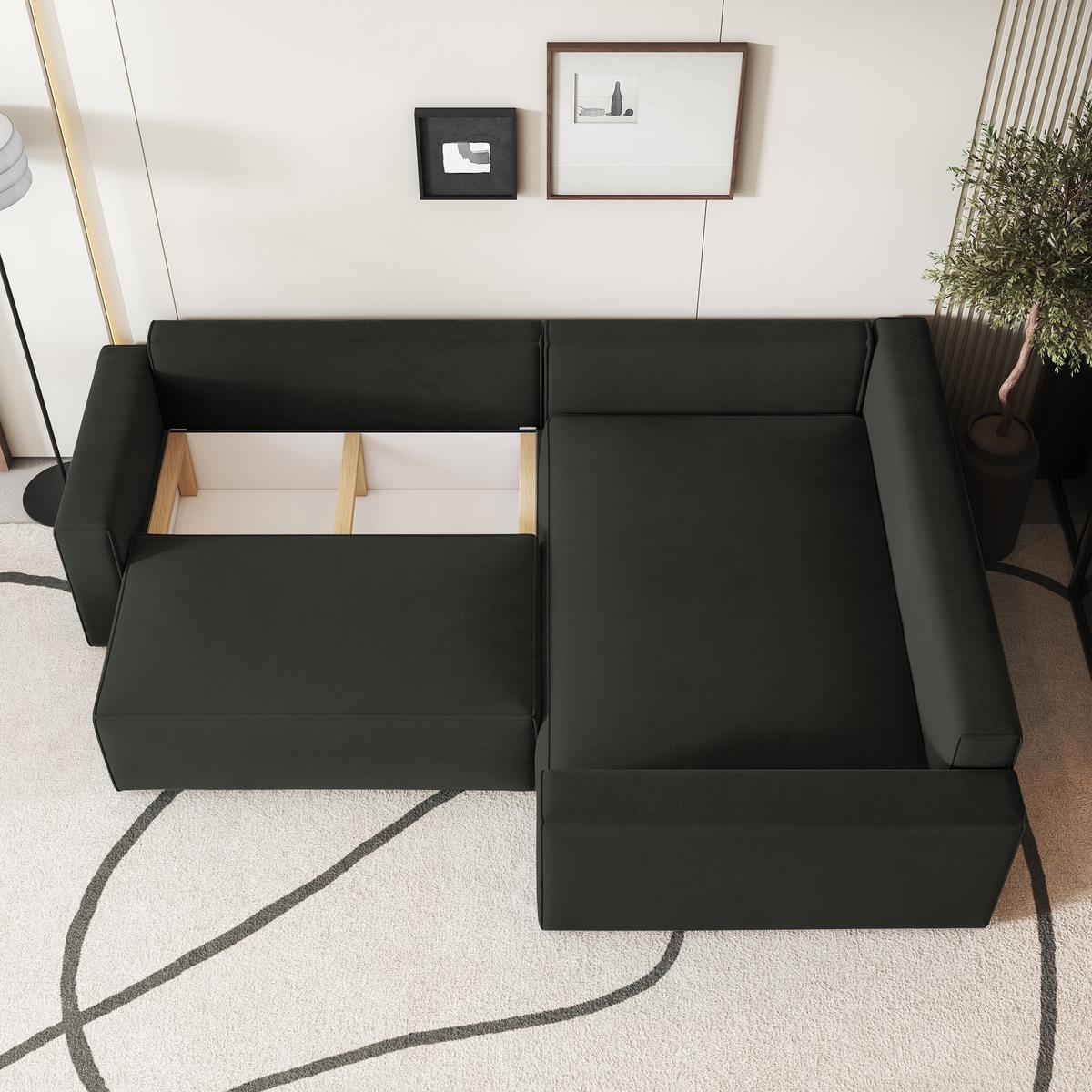 ECKSOFA ERONIS R-S Schwarz Velours-Stoff mit Schlaffunktion - Schwarz, Holz (265/194cm) - MASSENO