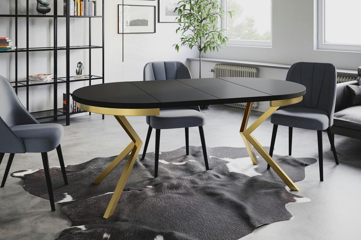 RUNDER Esszimmertisch BERGO, ausziehbarer Tisch Durchmesser: 120 cm/200 cm, Wohnzimmertisch Farbe: Schwarz, mit Metallbeinen in Farbe Gold - Goldfarben/Schwarz, Holzwerkstoff (120/120/76cm) - Alpi-Möbel