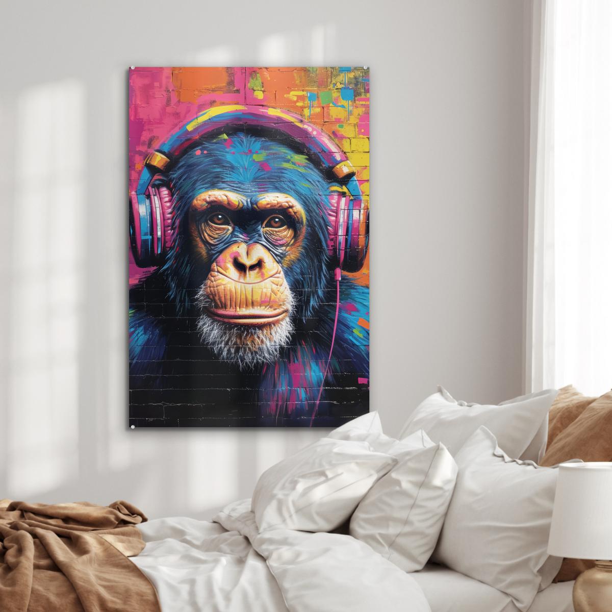 ACRYLGLASBILD Graffiti - Schimpanse - Straßenkunst - Kopfhörer - Affe 80x120 cm - Blau, Glas (80/120cm) - MuchoWow