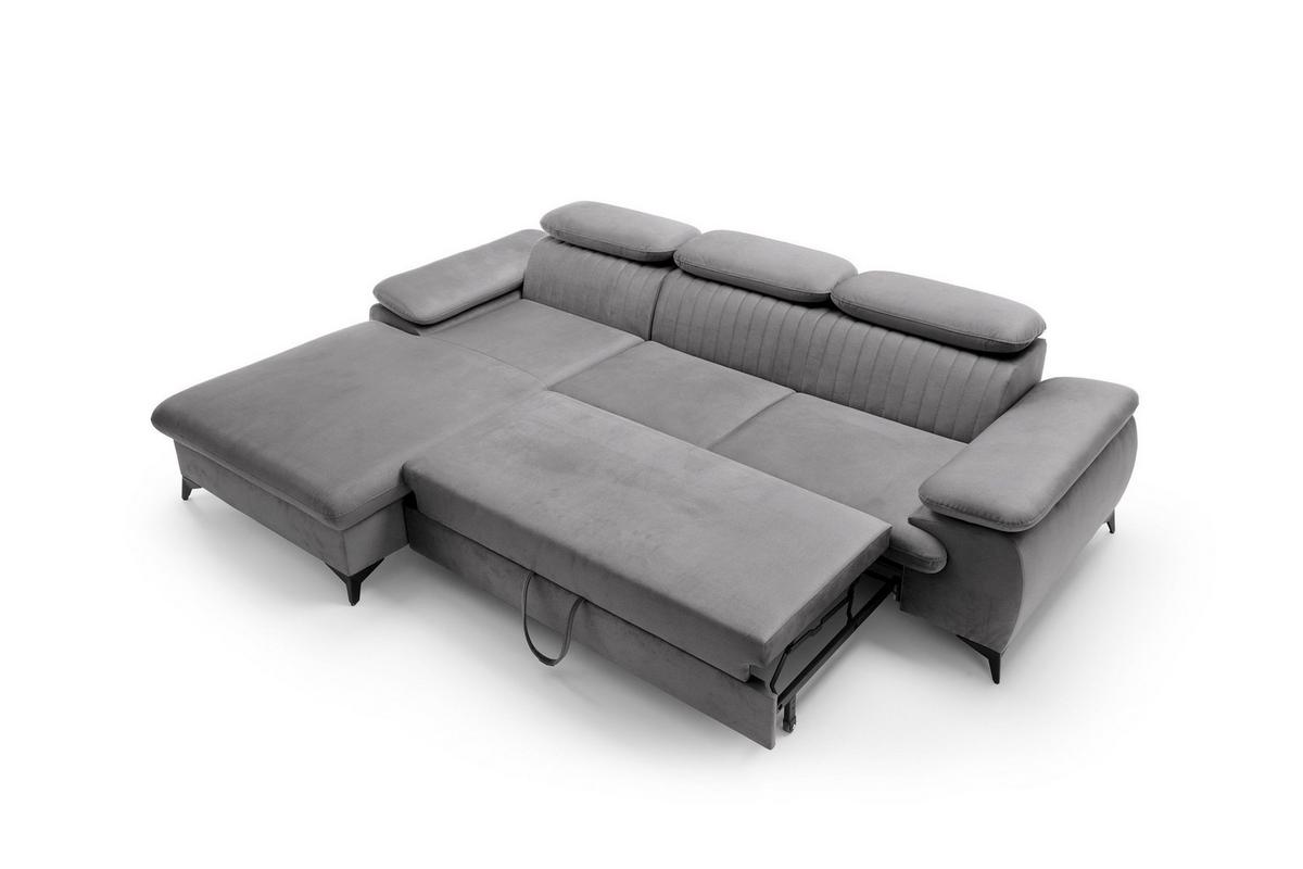 ECKSOFA FIORE Grau Velours-Stoff mit Schlaffunktion - Grau, Holz (280/193cm) - MASSENO