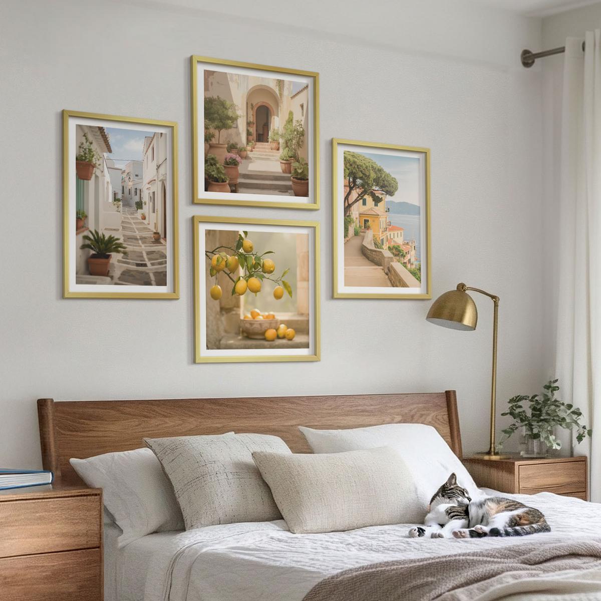BILDER SET 4er Set - 50x50 cm & 40x60 cm Goldrahmen - Zitrusbaum im Fenster am Meer - Goldfarben, Kunststoff (50/50cm) - TULUP