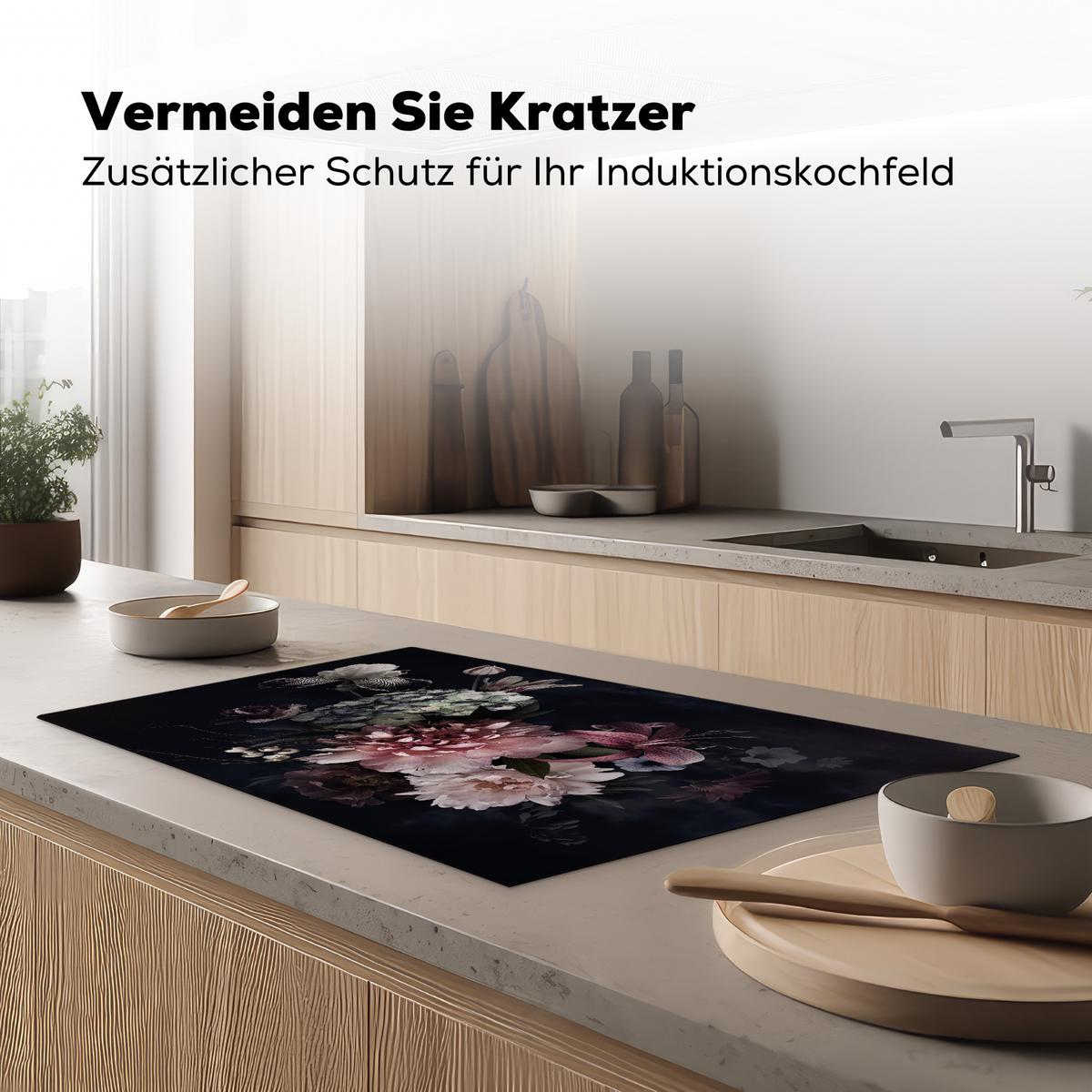 HERDABDECKPLATTE Blumen - Vintage - Pastell - Rosa - Weiß Ceranfeldabdeckung 85x52 cm - Altrosa, Kunststoff (85/52/0.2cm) - MuchoWow