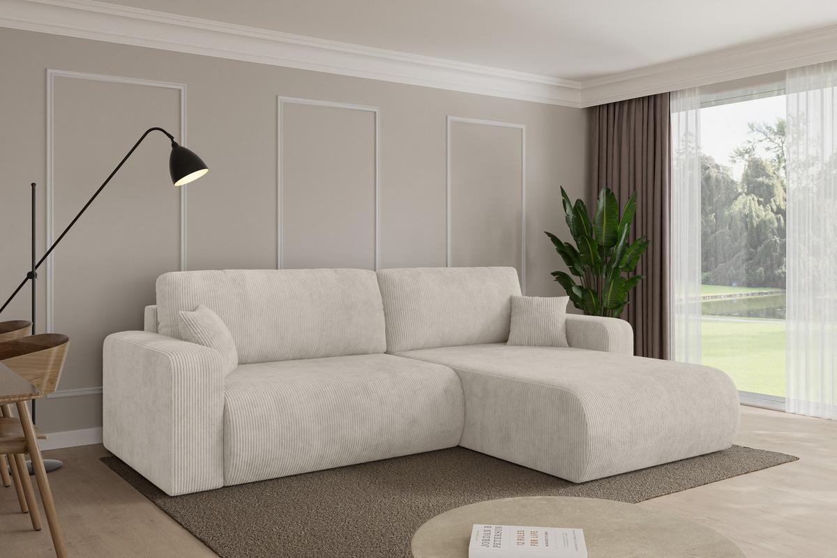 ECKSOFA mit Schlaffunktion Ottomane Rechts BERY-L 276x193x88 Creme Cord - Ecru/Creme, Holzwerkstoff/Kunststoff (276/193cm) - ALTDECOR
