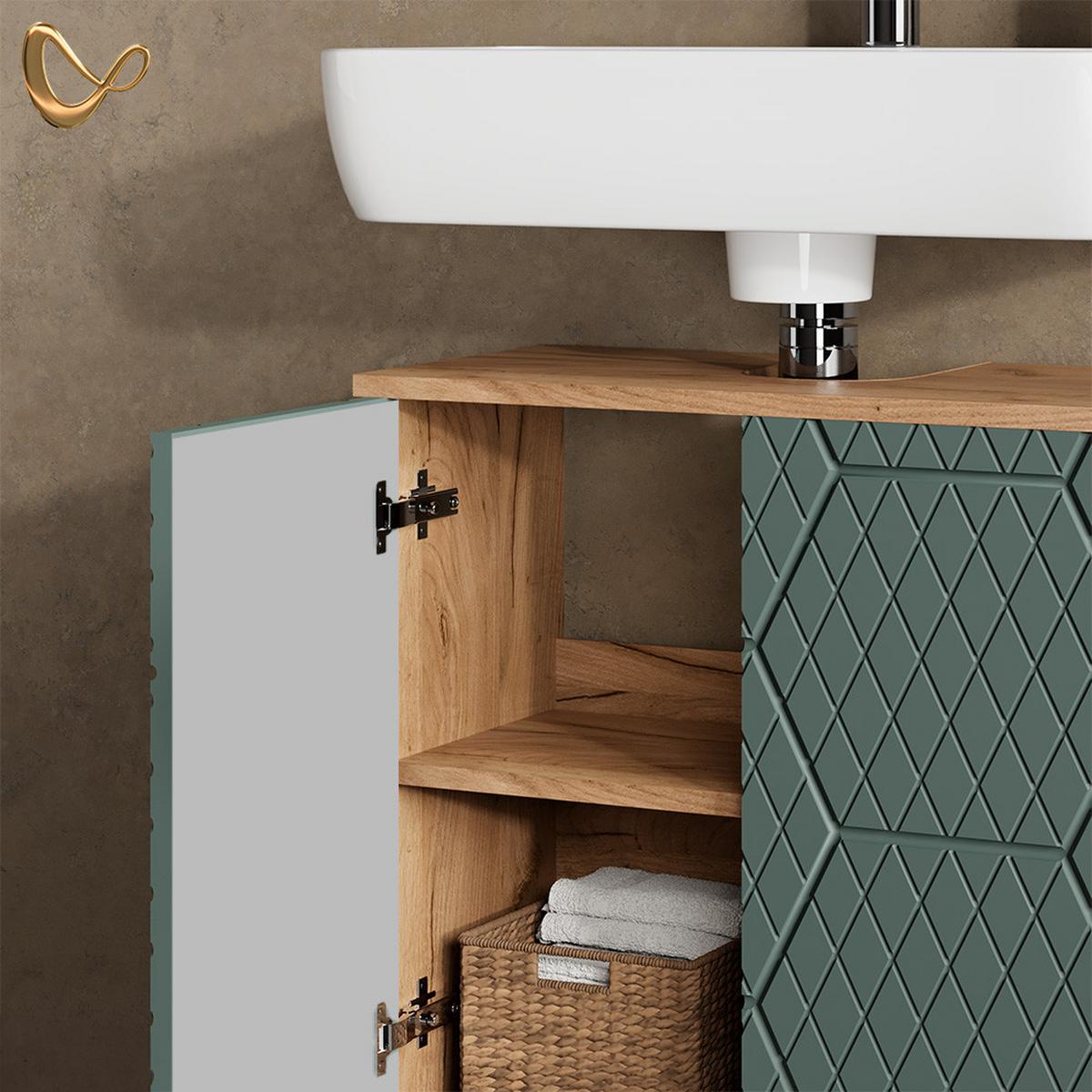 WASCHBECKENUNTERSCHRANK Ronco Grün/Goldkraft Eiche 60 x 59 cm - Honigeiche/Grün, Holzwerkstoff (60/59/30cm) - Livinity®