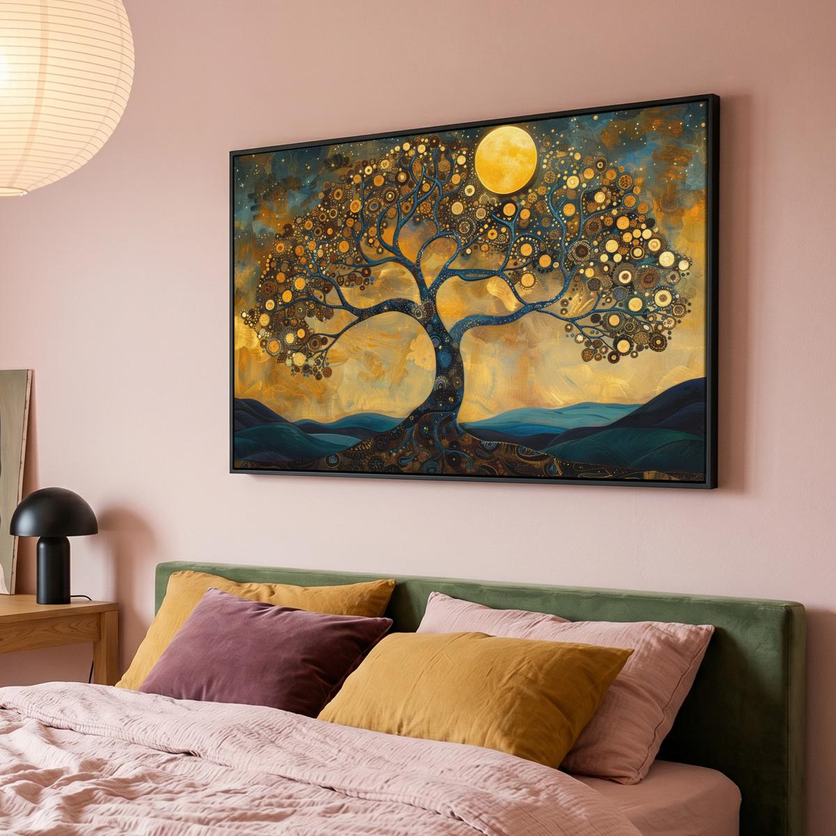 LEINWAND Bilder mit Rahmen - Baum - Mond - Blumen - Gold - Kunst - 150x100 - Orange, Textil (150/100cm) - MuchoWow