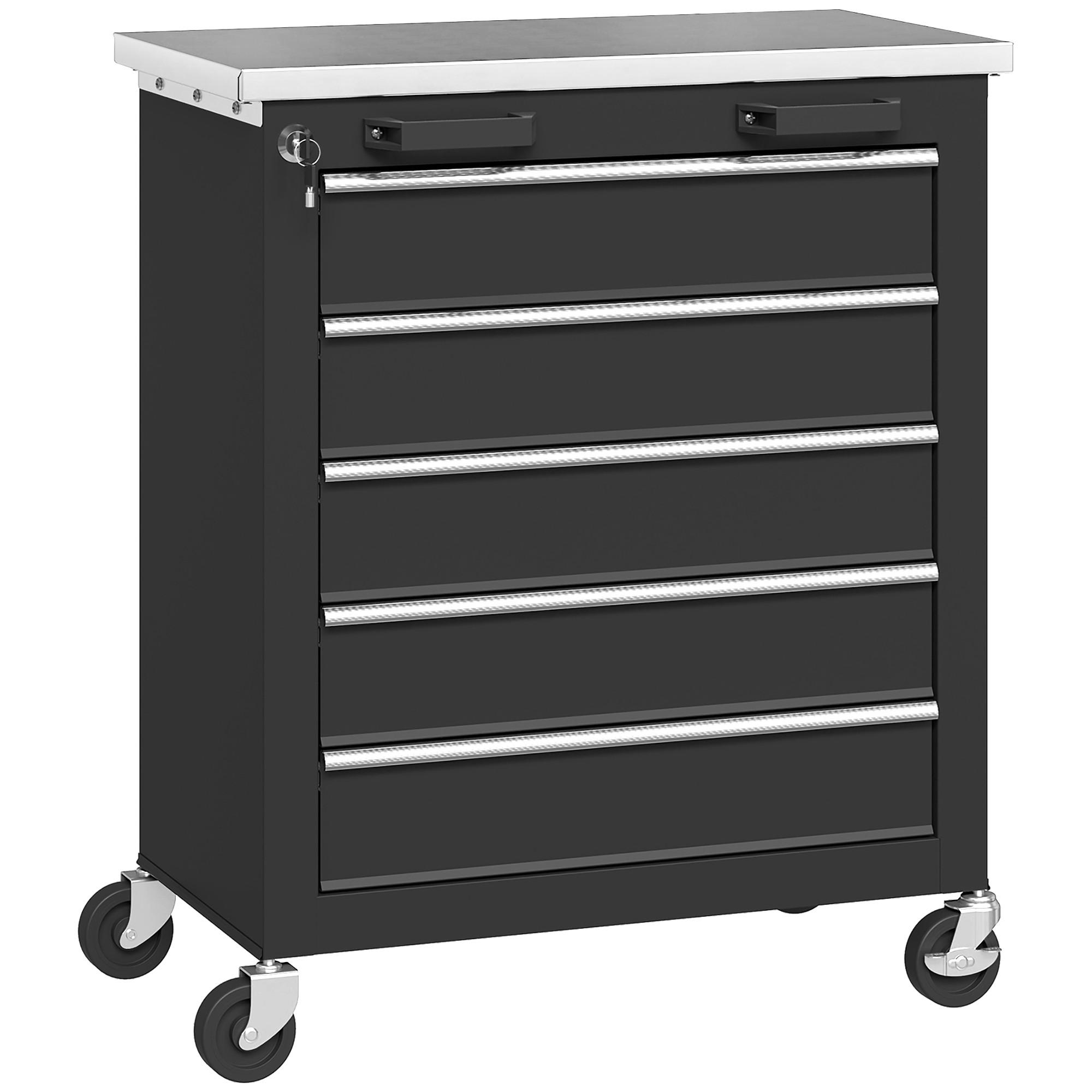 WERKSTATTWAGEN mit 5 Schubladen Werkzeugwagen leer abschließbar Stahl Schwarz - Schwarz, Metall (34.5/76/65.5cm) - HOMCOM