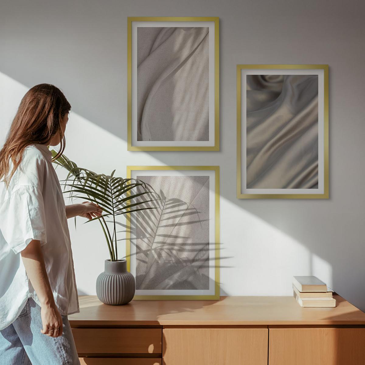 BILDER SET 3er Set - 40x60 cm Goldrahmen - Nahaufnahme von natürlichen Boho-Stoffen - Goldfarben, Kunststoff (40/60cm) - TULUP