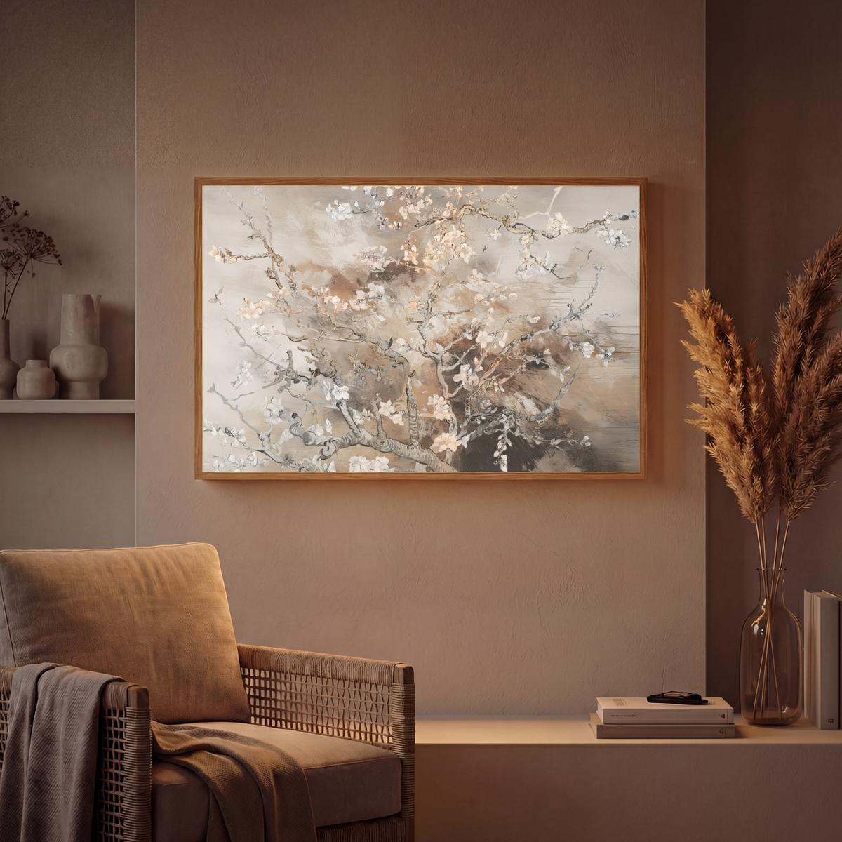 WANDLEUCHTE MIT AKKU Mandelblüte - Kunst - Van Gogh - Beige - Abstrakt 100x70 cm - Graubraun, Holzwerkstoff (100/70/8cm) - OnlyWow