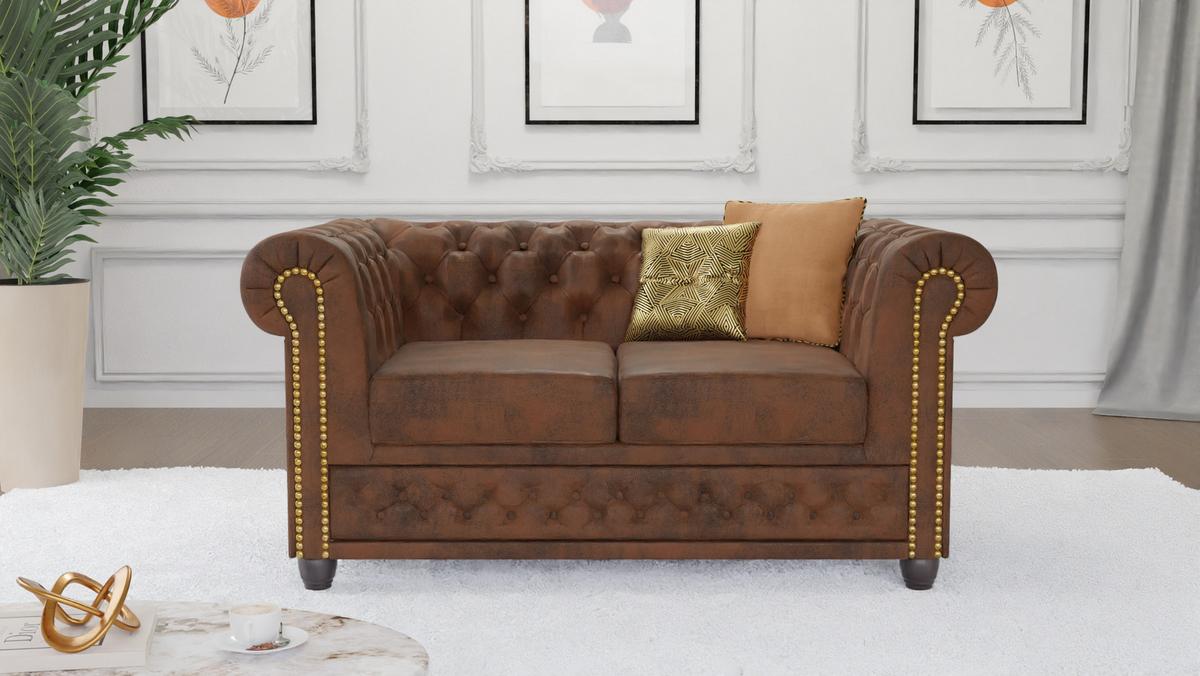 CHESTERFIELD-SOFA 2-sitzer Flux Braun Microfaser Vintageoptik - Braun, Holz/Textil (148/72/86cm) - S-Style Möbel
